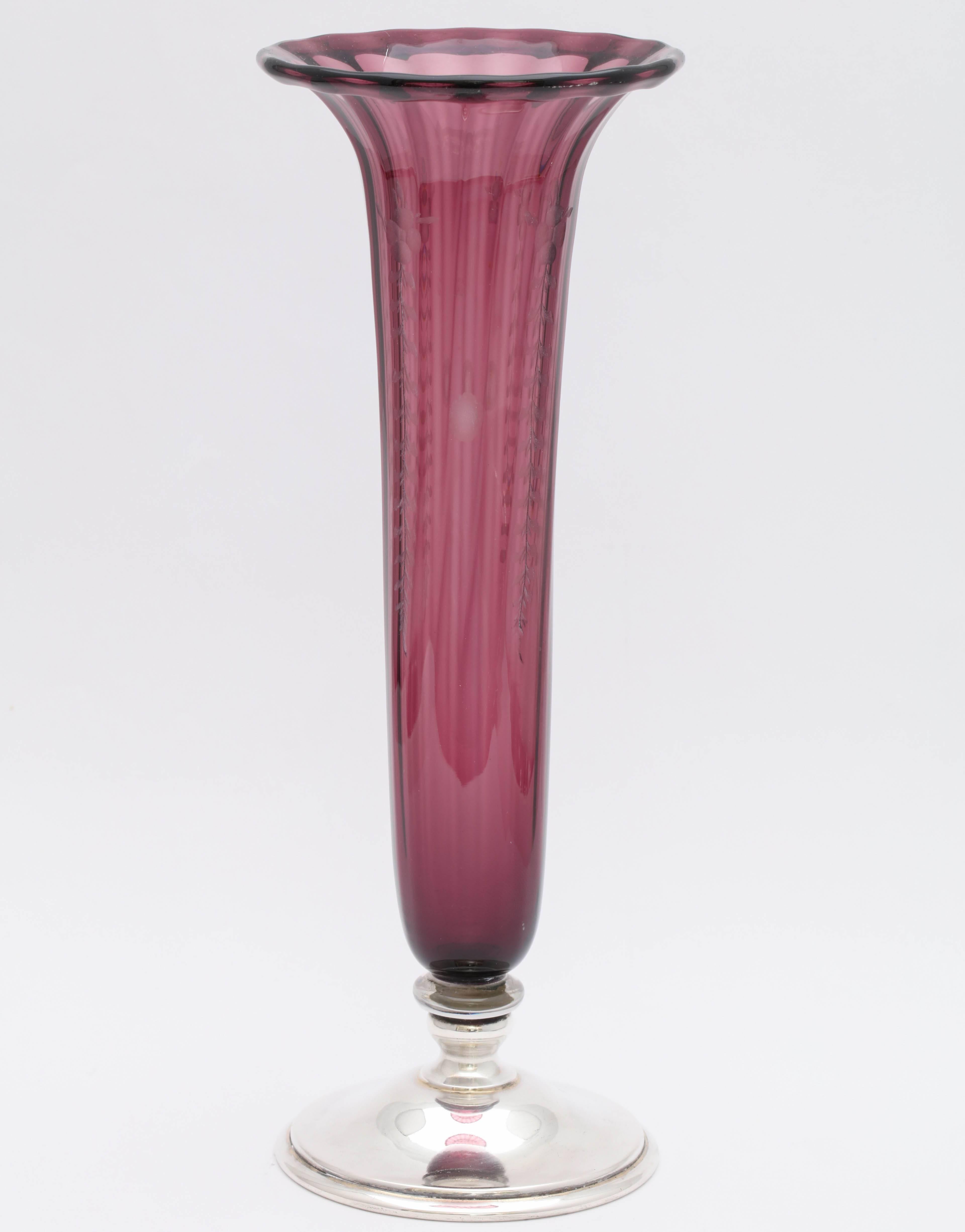 American Edwardian Hawkes Sterling Silver-Mounted Purple Wine Colored Etched Crystal Vase