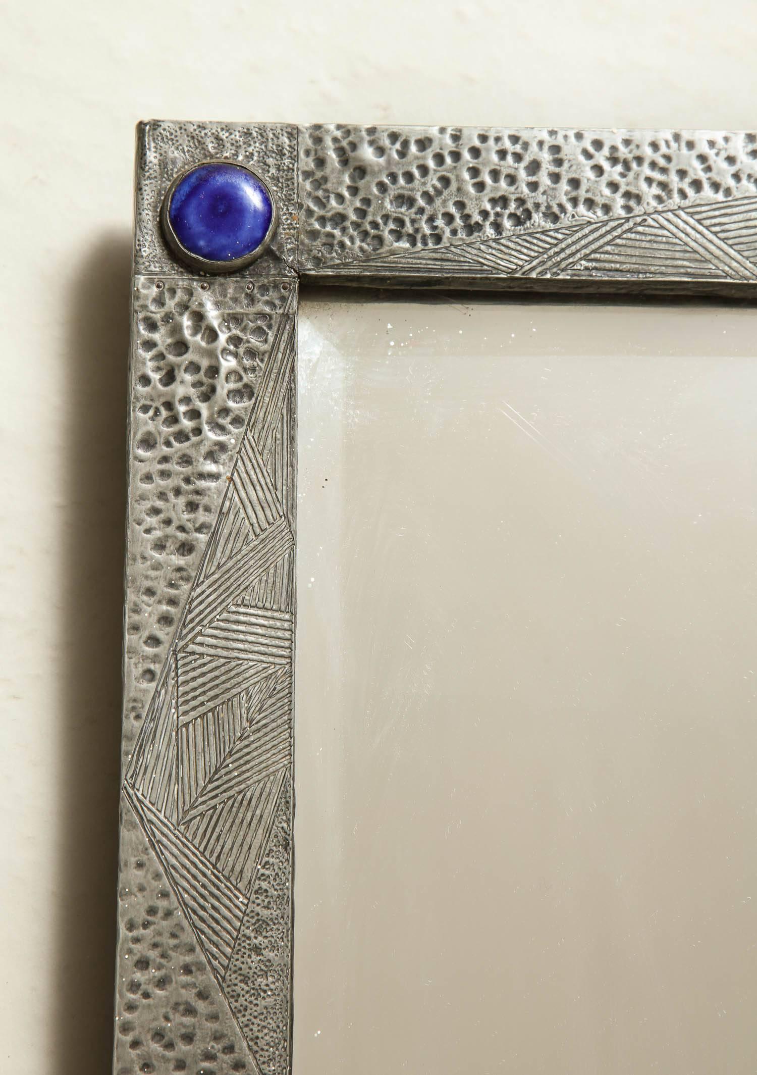 English Arts and Crafts Hammered Pewter Mirror In Excellent Condition In Greenwich, CT