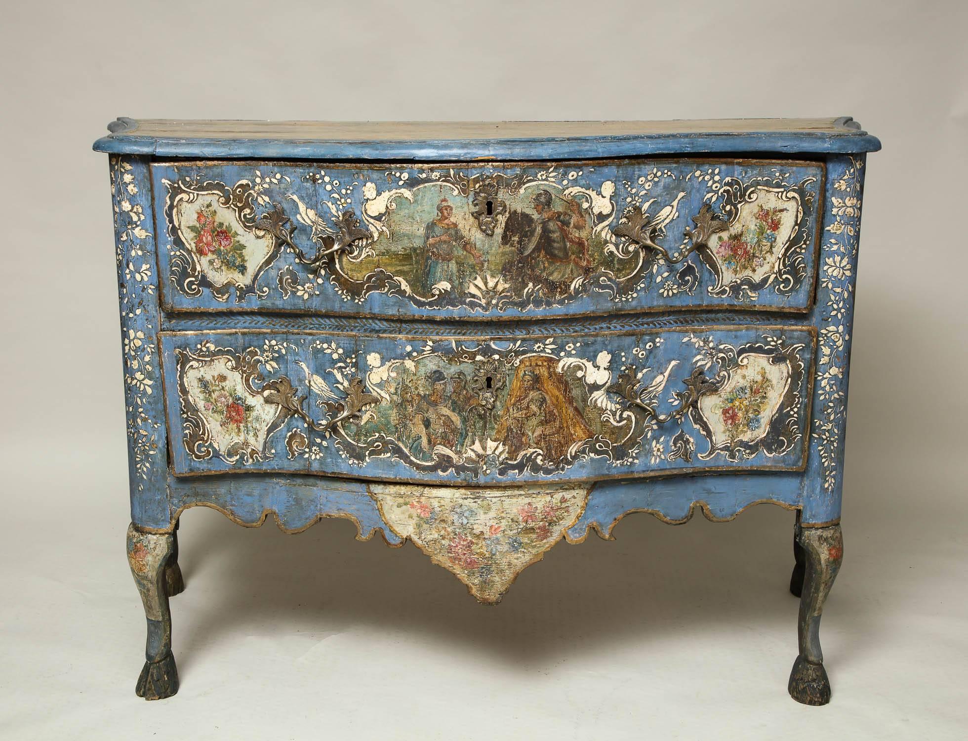 An 18th century Italian commode with serpentine front and shaped sides, having two large drawers over shaped apron standing on cabriole legs ending in hoof feet. Original contemporary figural scenes on front of drawers and sides of commode and