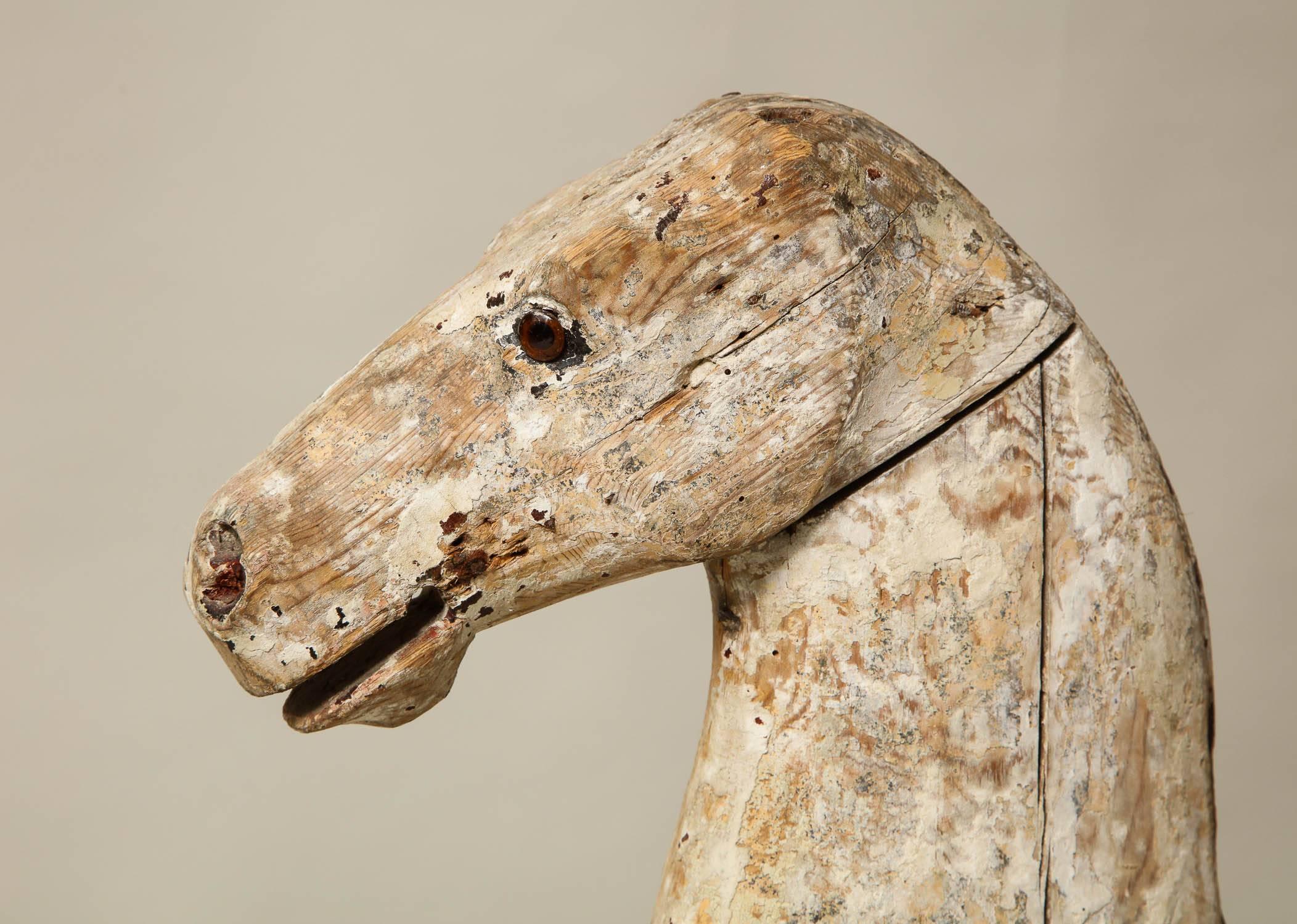 19th Century Sculptural Folk Art Rocking Horse in Original Chalk White Surface