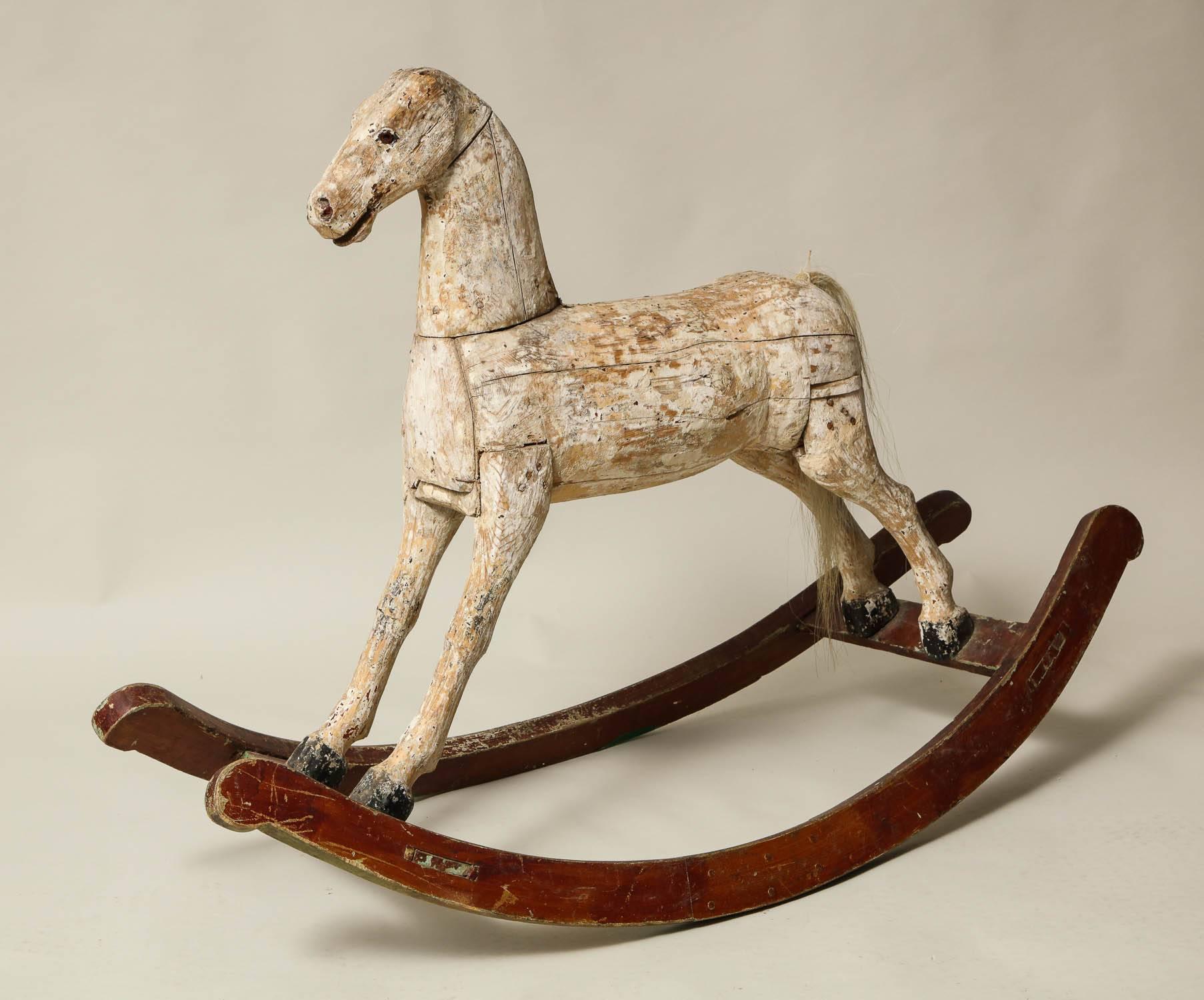 Wood Sculptural Folk Art Rocking Horse in Original Chalk White Surface