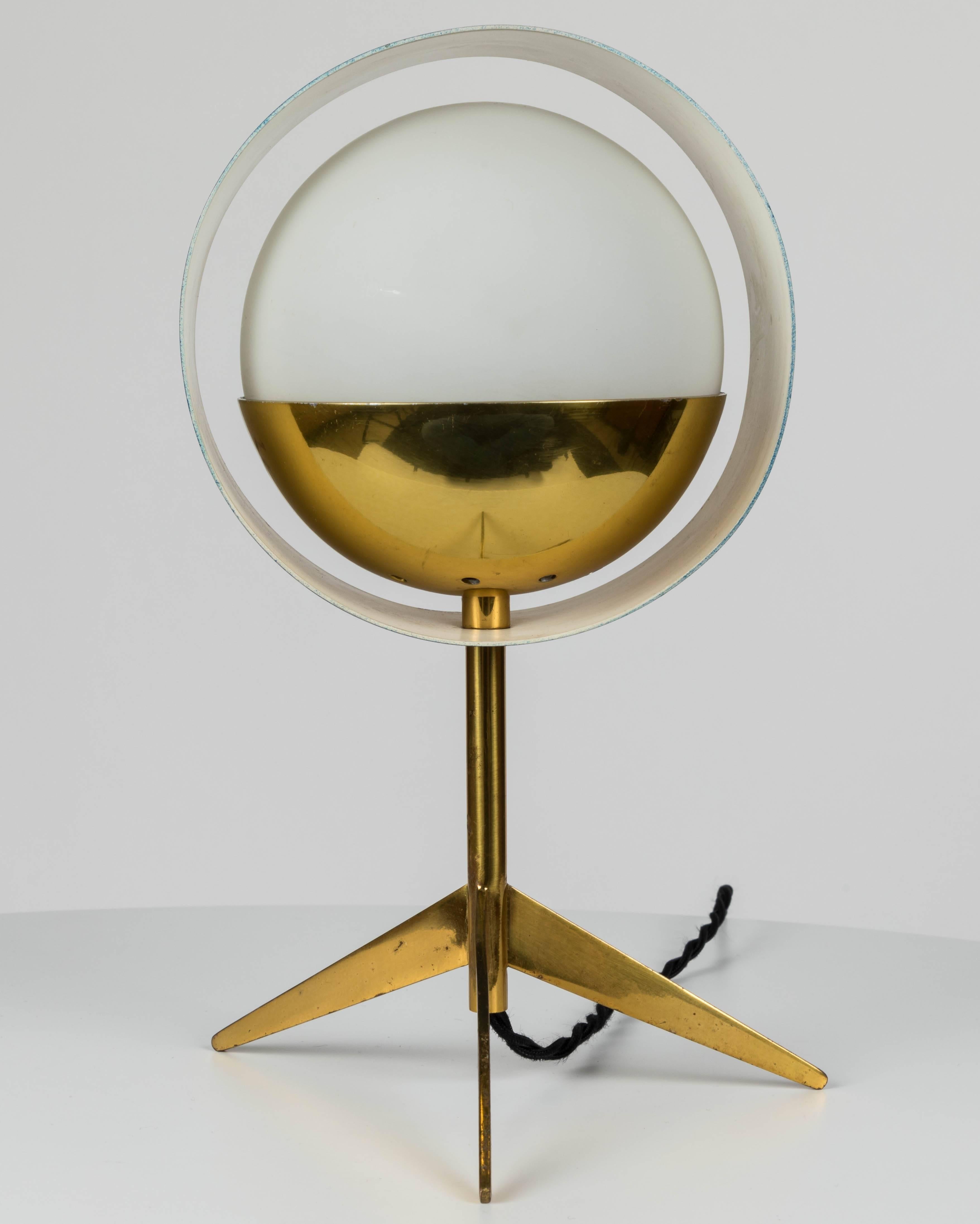 Painted 1950s Stilux Milano Brass and Glass Tripod 'Saturno' Table Lamp