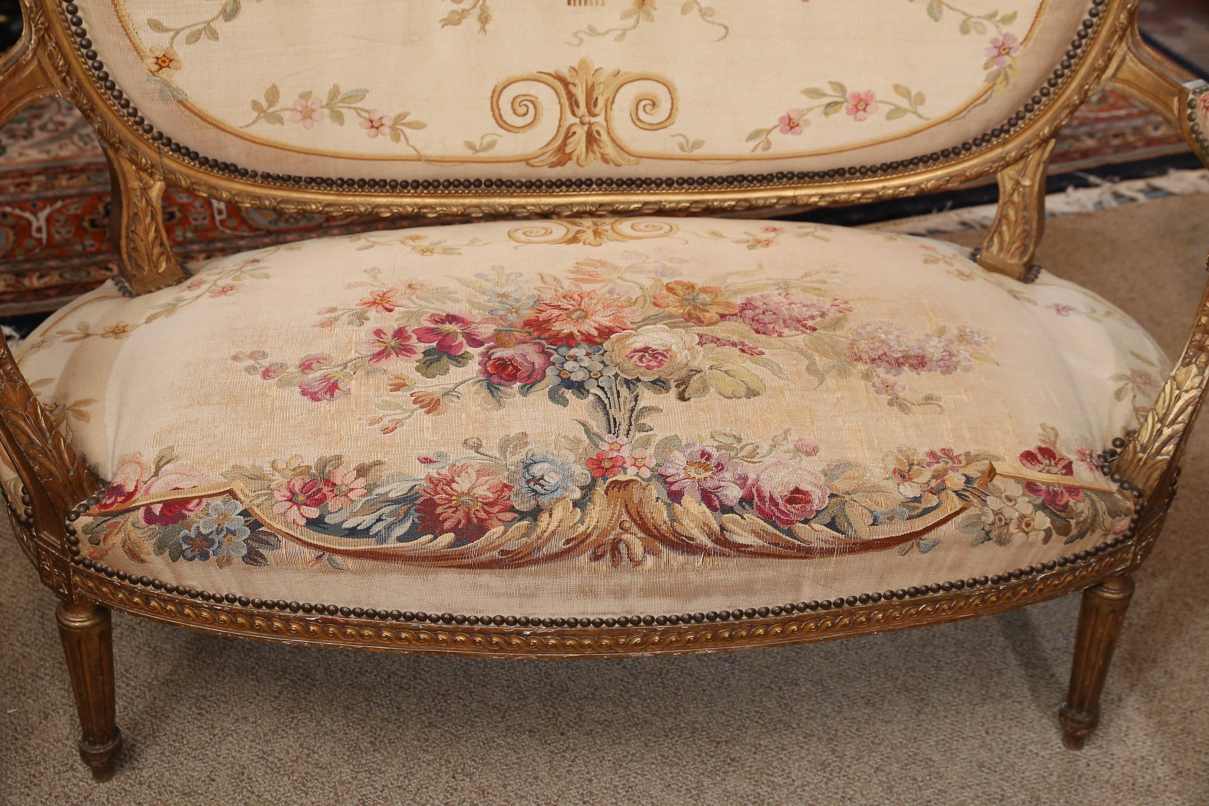 Louis XVI Style Three-Piece Settee Giltwood, 19th Century In Good Condition In Houston, TX