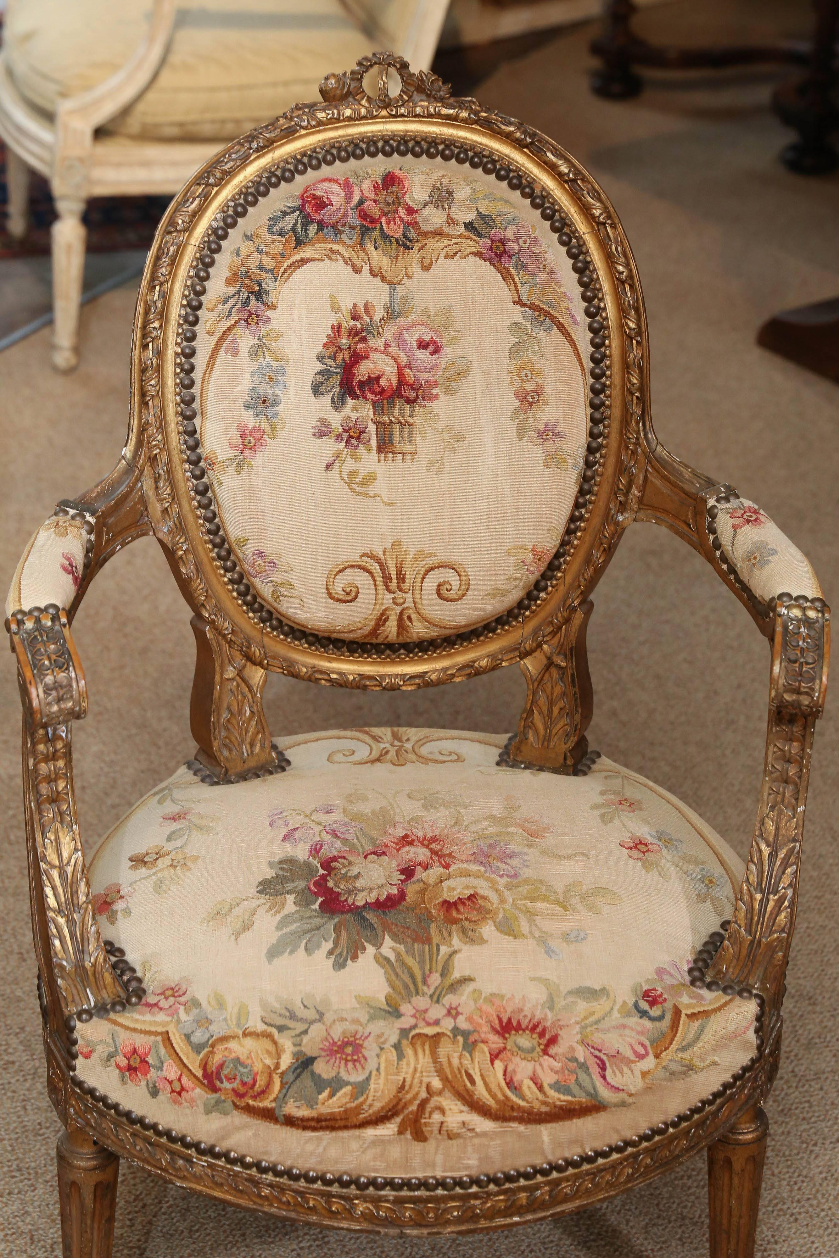 Late 19th Century Louis XVI Style Three-Piece Settee Giltwood, 19th Century