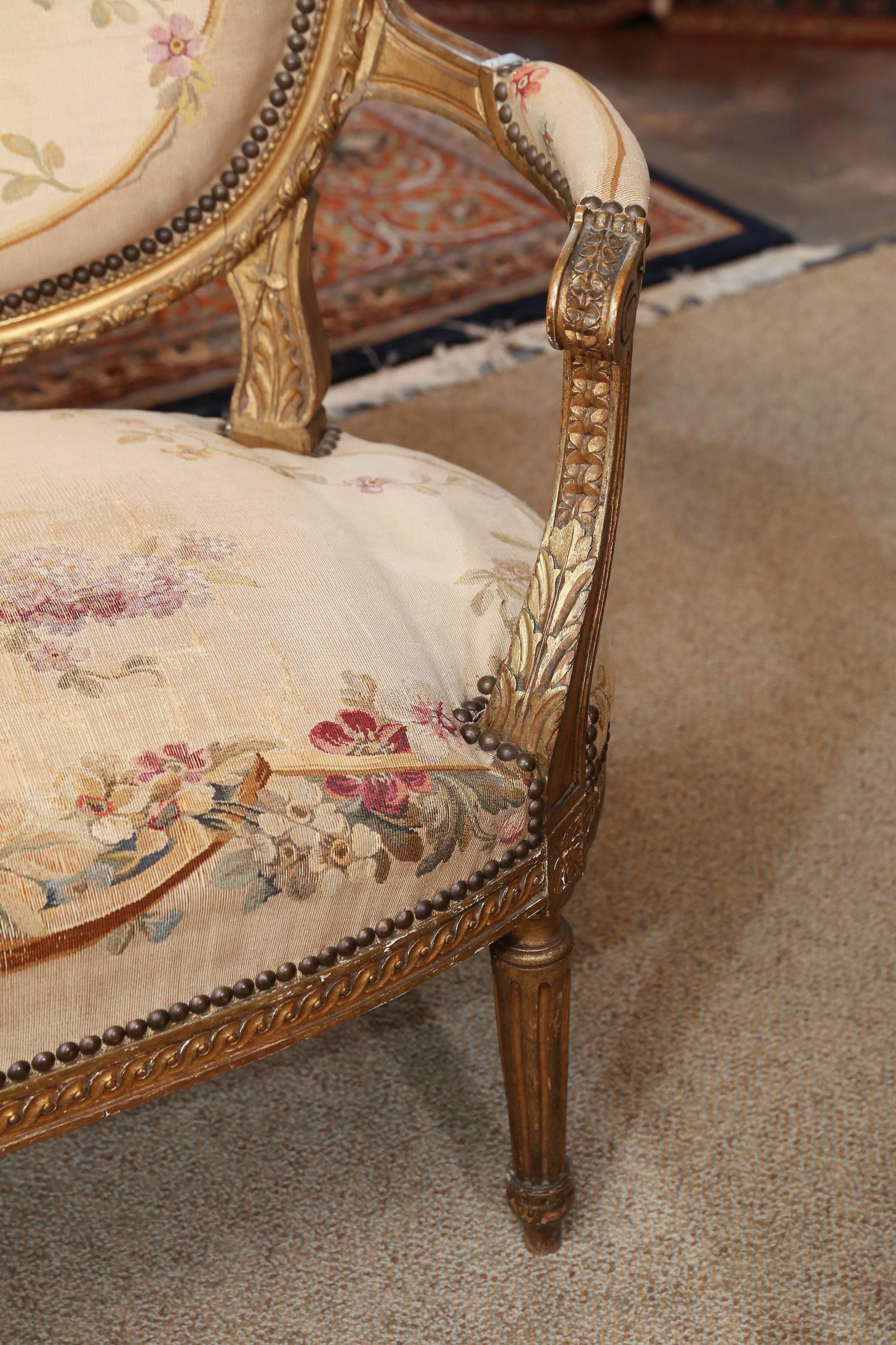 Louis XVI Style Three-Piece Settee Giltwood, 19th Century 1