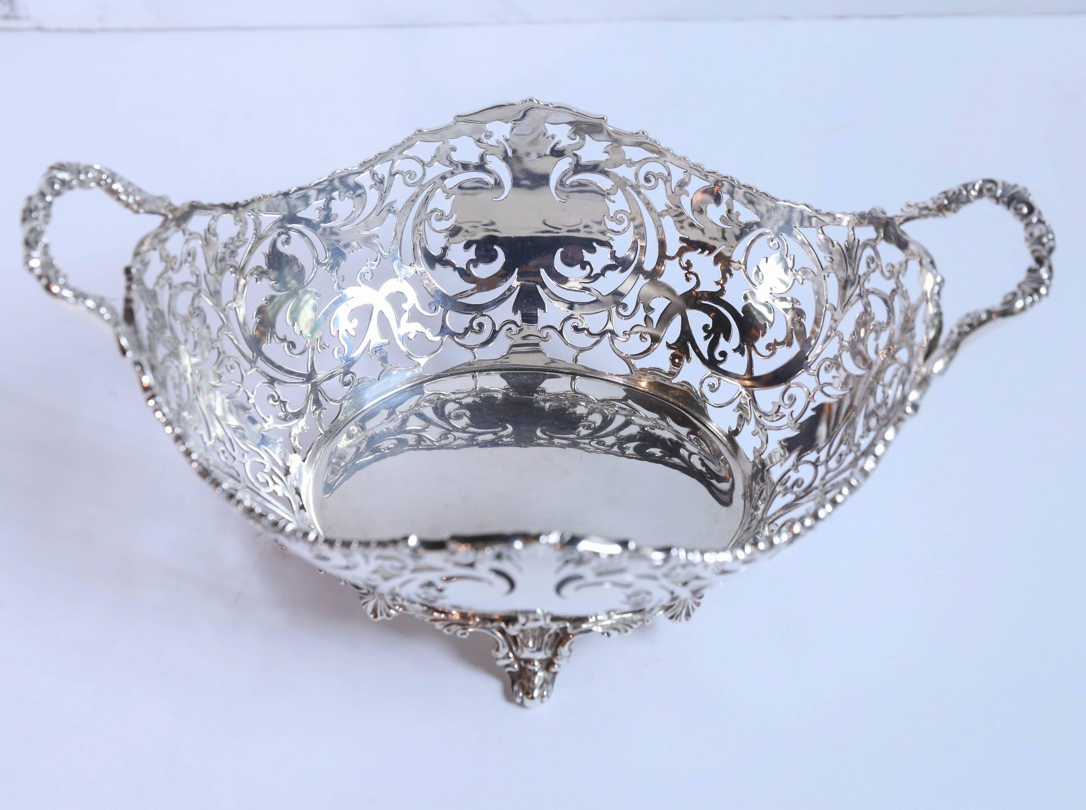 19th Century Fine English Sterling Silver Oval Reticulated Basket with Handles