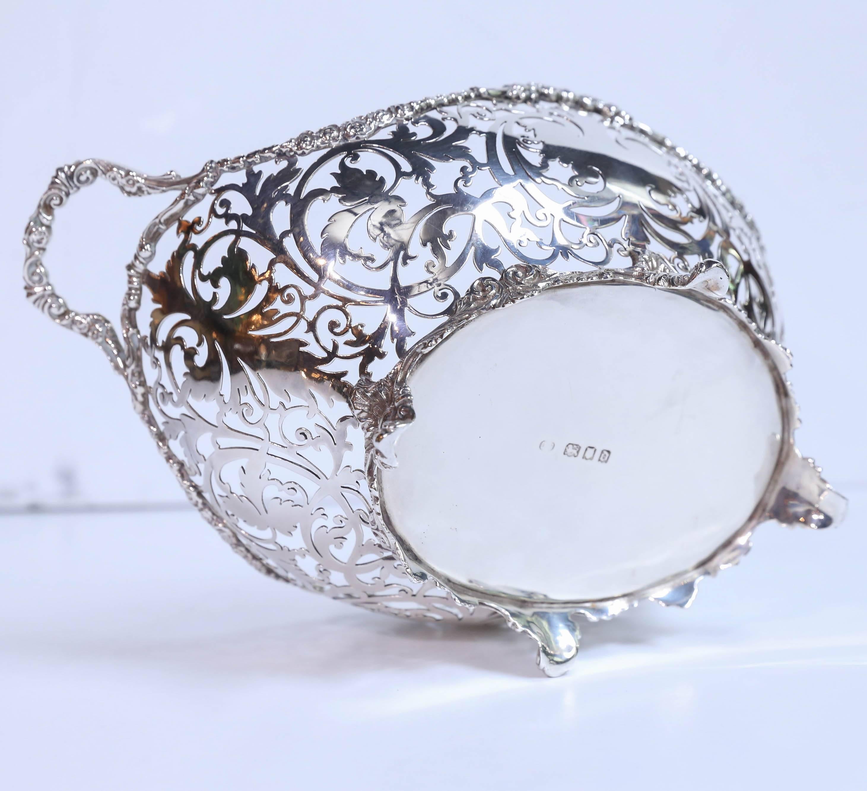 Fine English Sterling Silver Oval Reticulated Basket with Handles 2