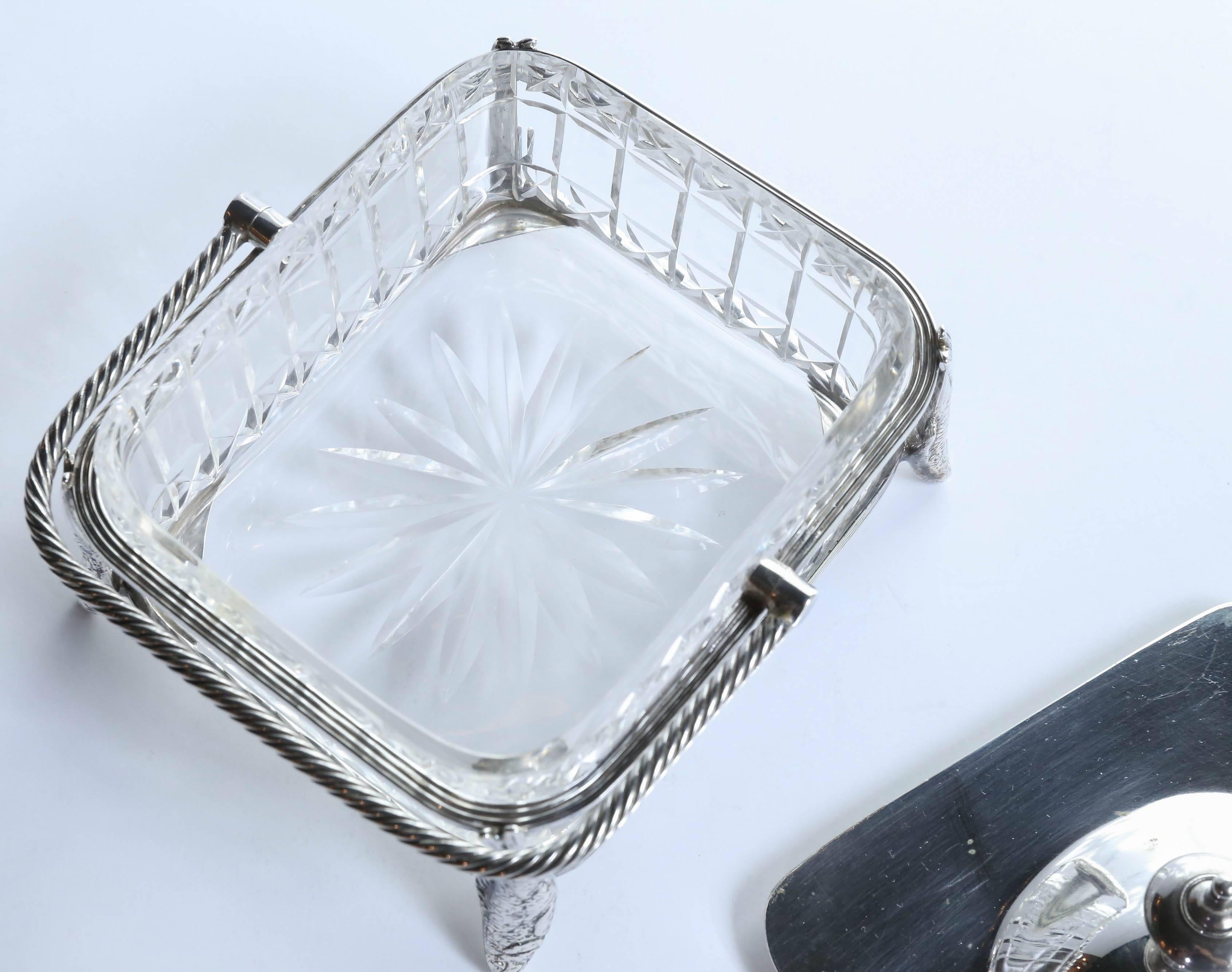 Silver Plated Sardine Dish with Crystal Dish In Good Condition In Houston, TX