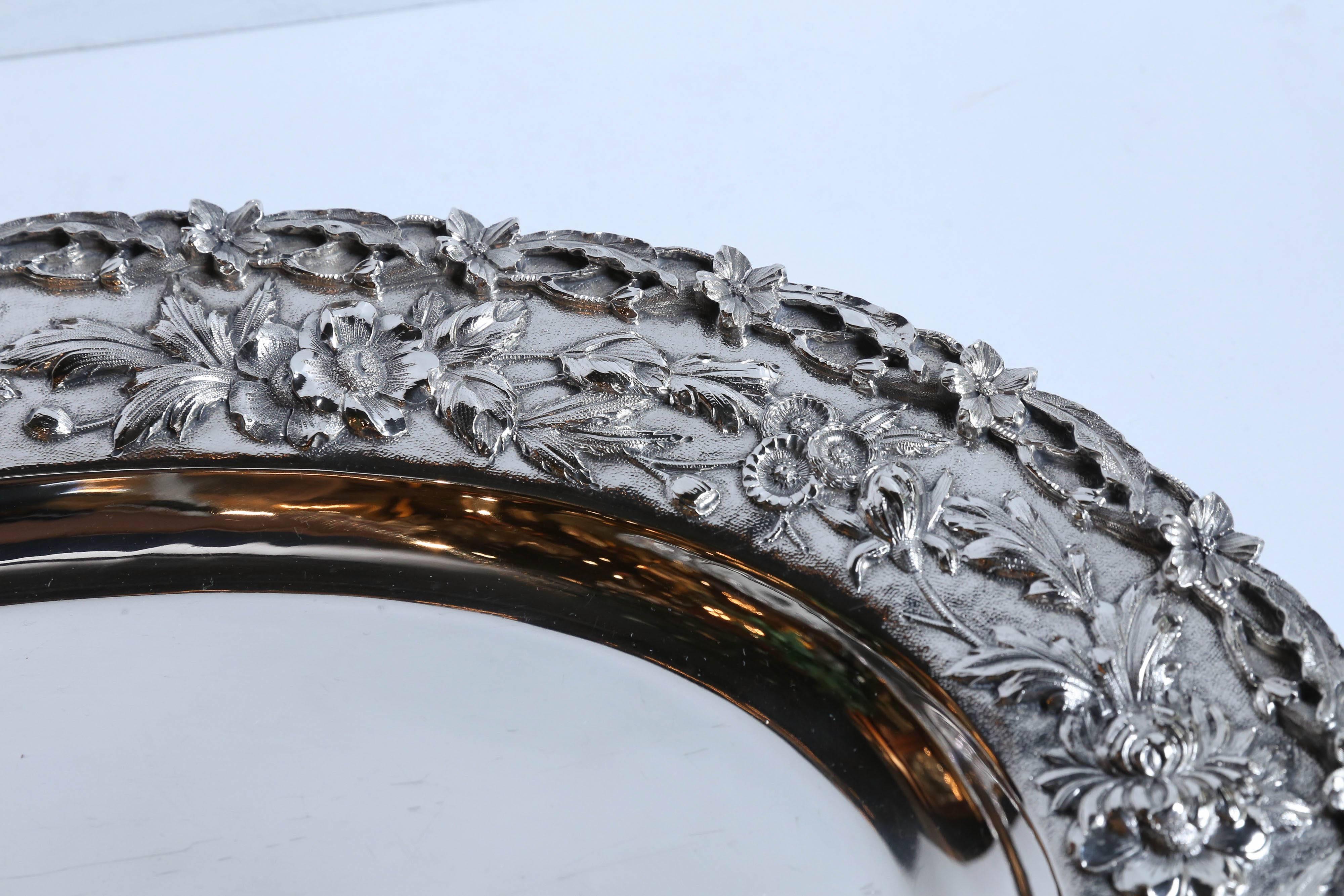 Repoussé Oval Sterling Serving Tray by Kirk Stieff with Repousse Border For Sale