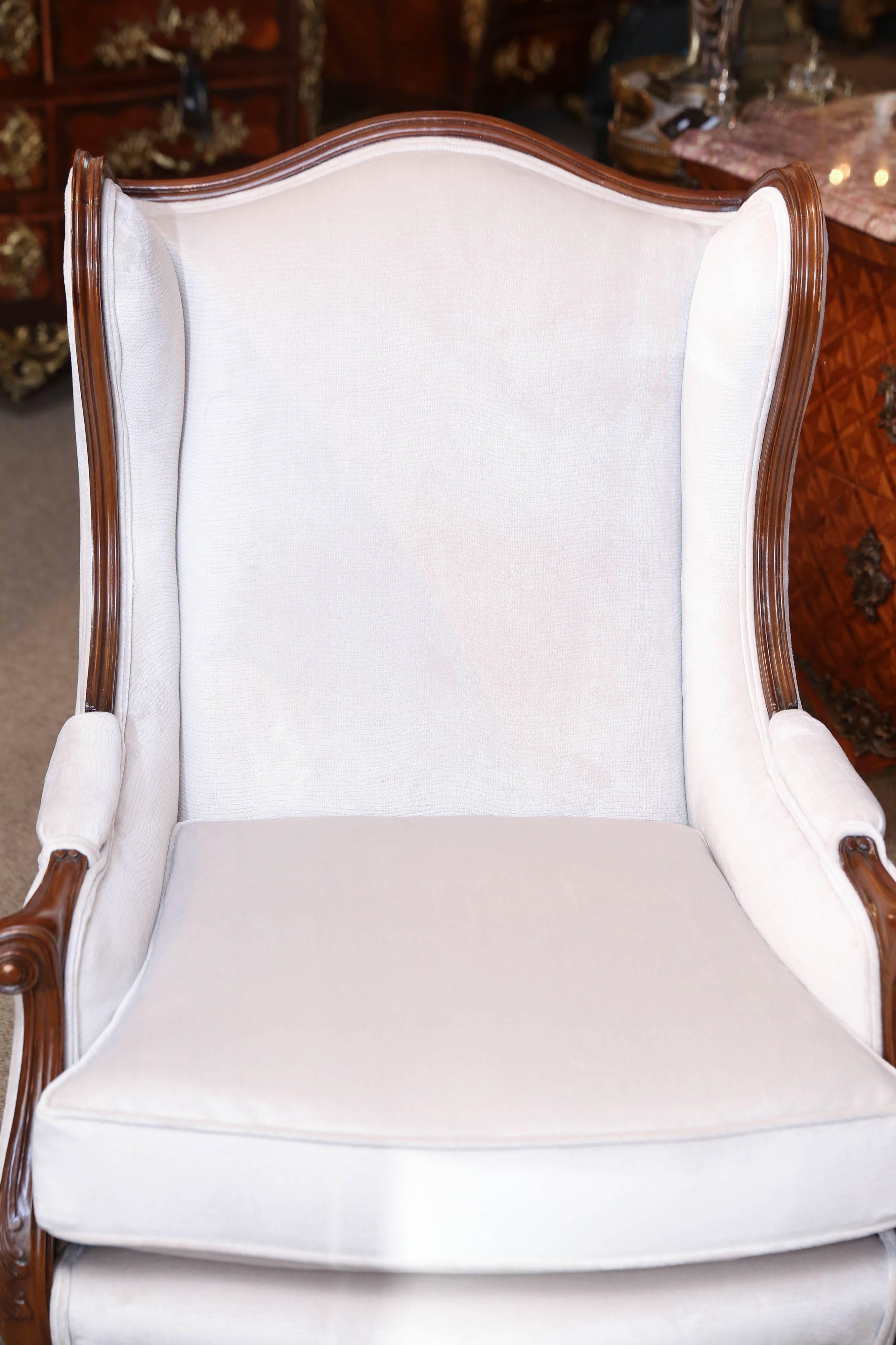 Walnut Pair of French Louis XV Style Wing Back Chairs, 20th Century