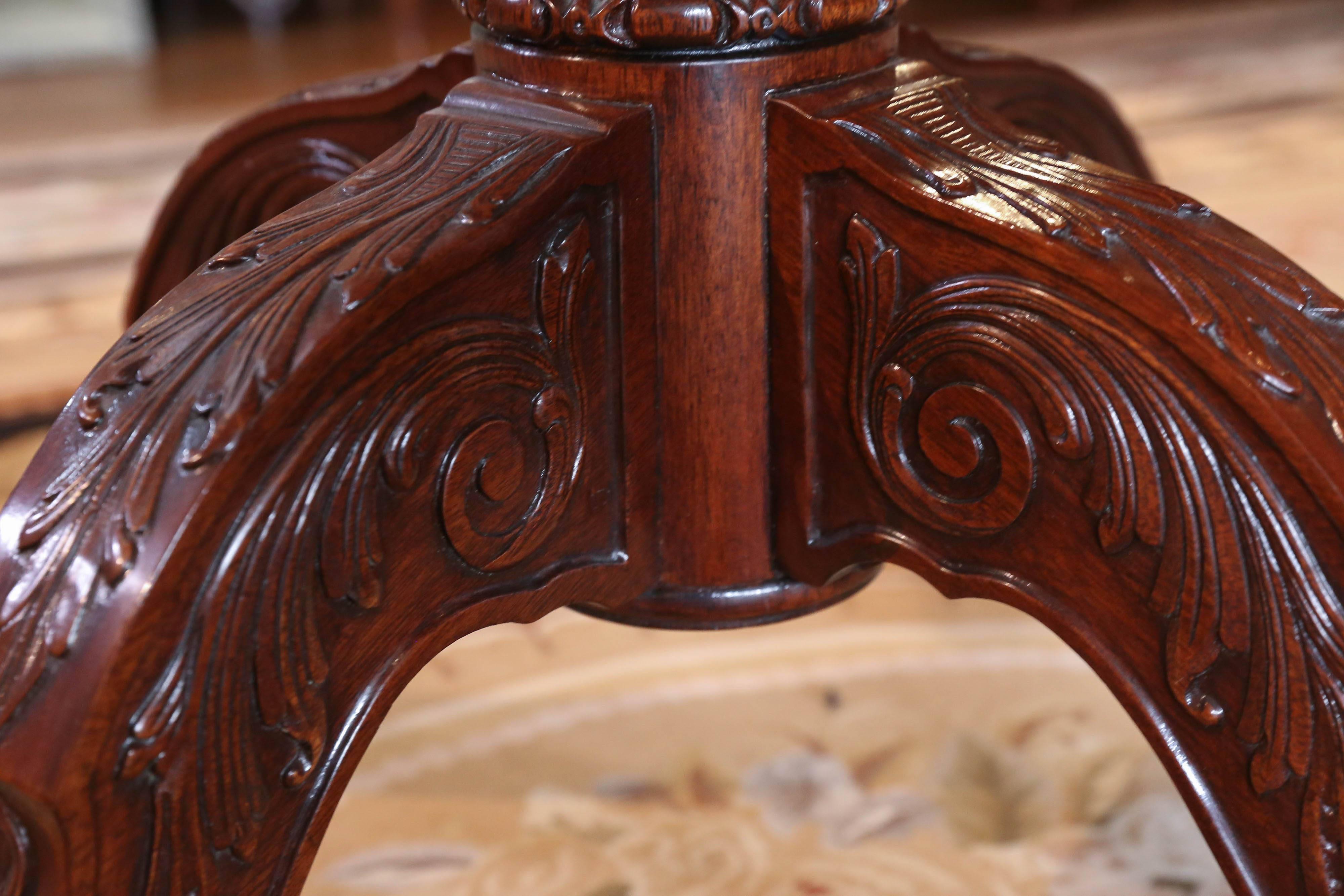 Round Glass Top Dining Table with Mahogany Pedestal Carved Base In Good Condition In Houston, TX
