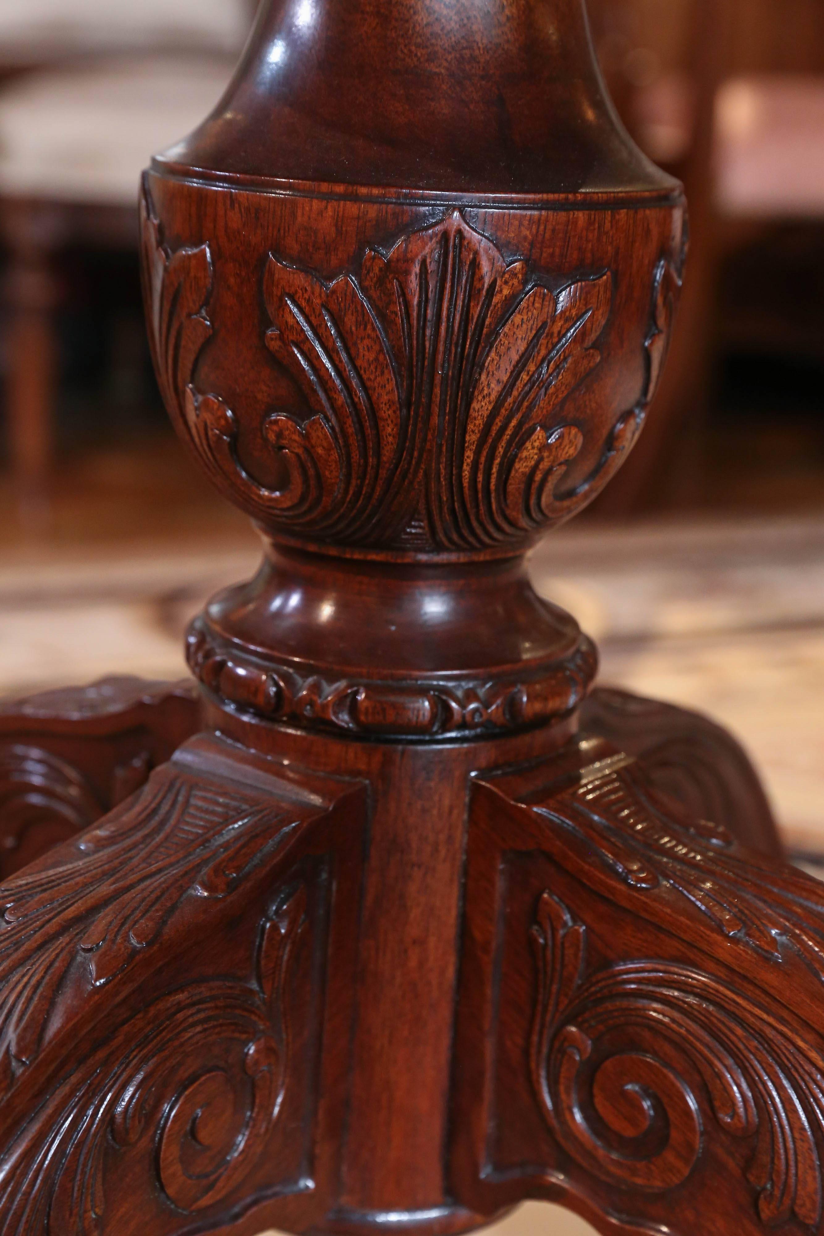 20th Century Round Glass Top Dining Table with Mahogany Pedestal Carved Base