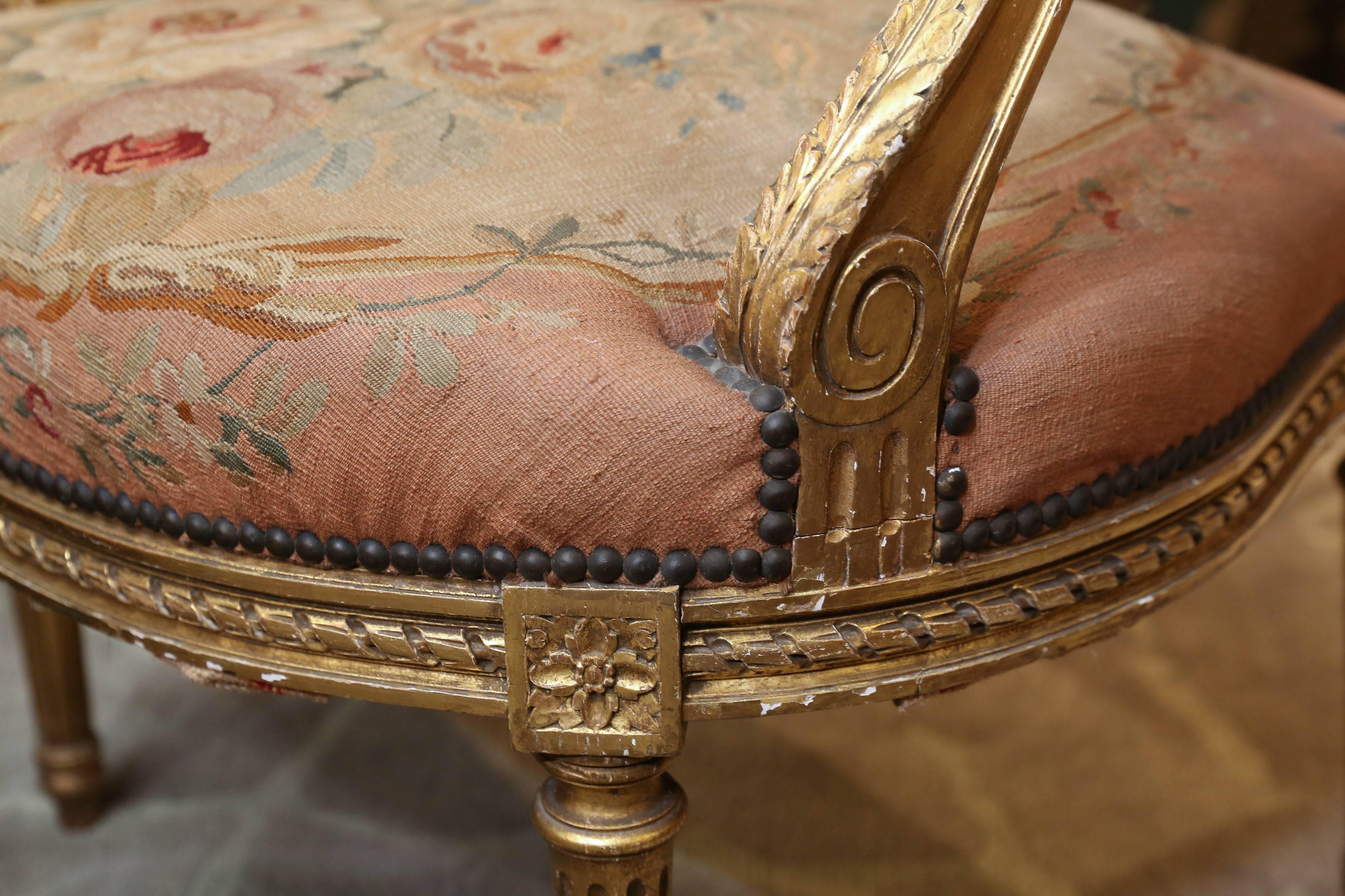 Pair of French Giltwood Louis XVI Chairs with Original Aubusson Upholstery In Excellent Condition In Houston, TX
