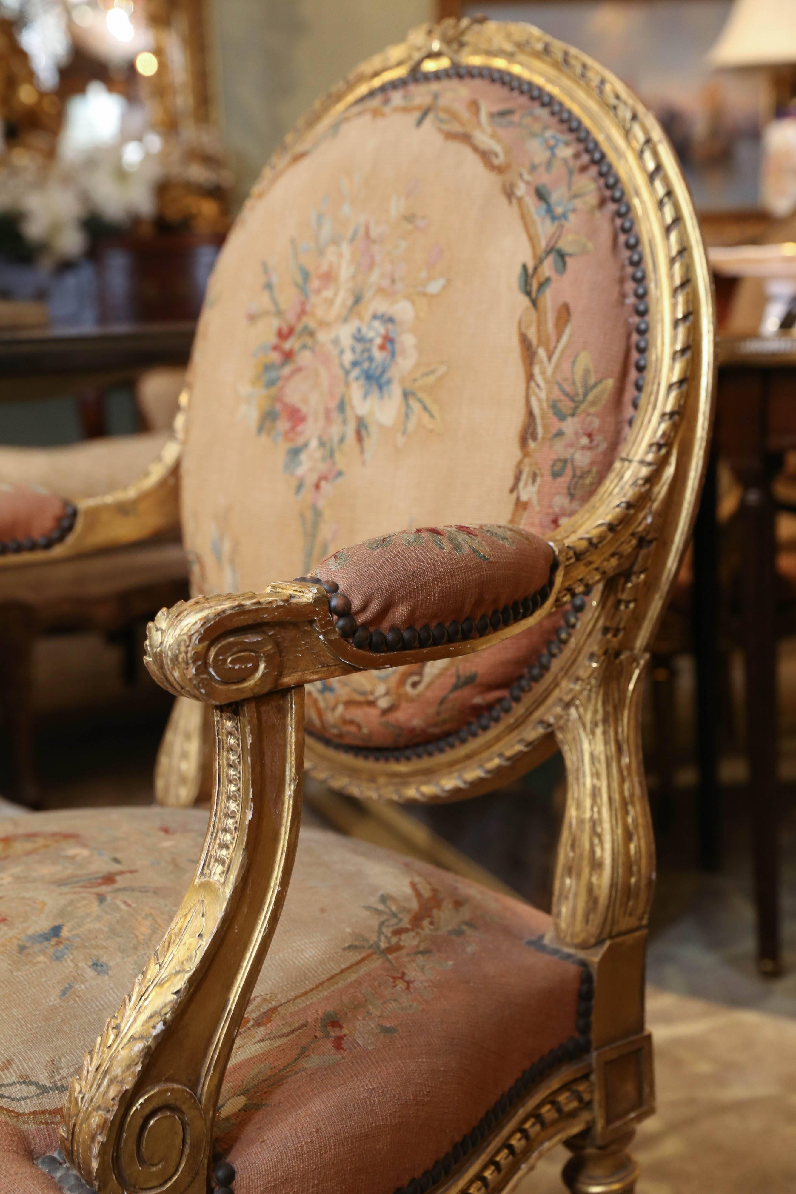 Late 19th Century Pair of French Giltwood Louis XVI Chairs with Original Aubusson Upholstery