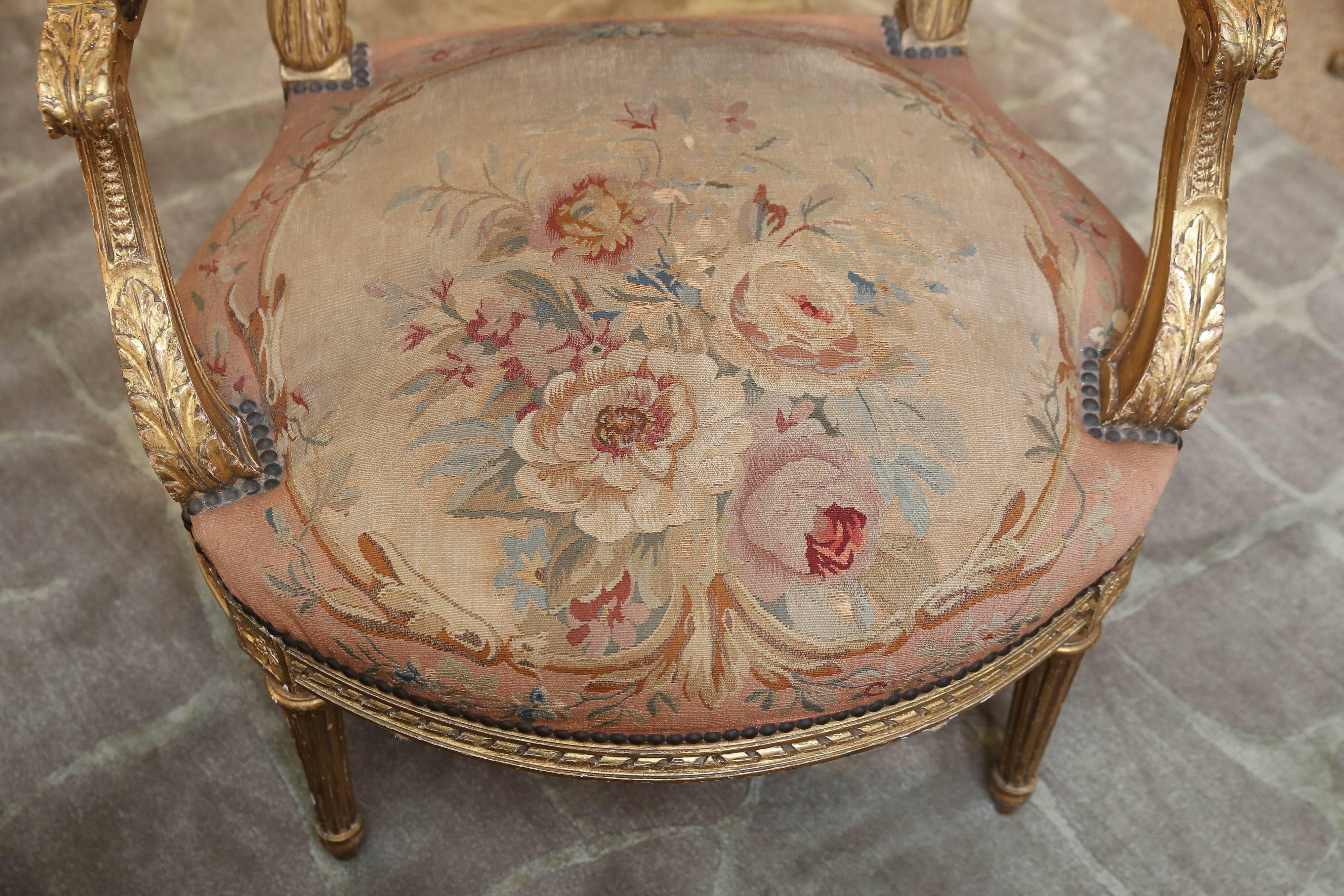 Pair of French Giltwood Louis XVI Chairs with Original Aubusson Upholstery 1