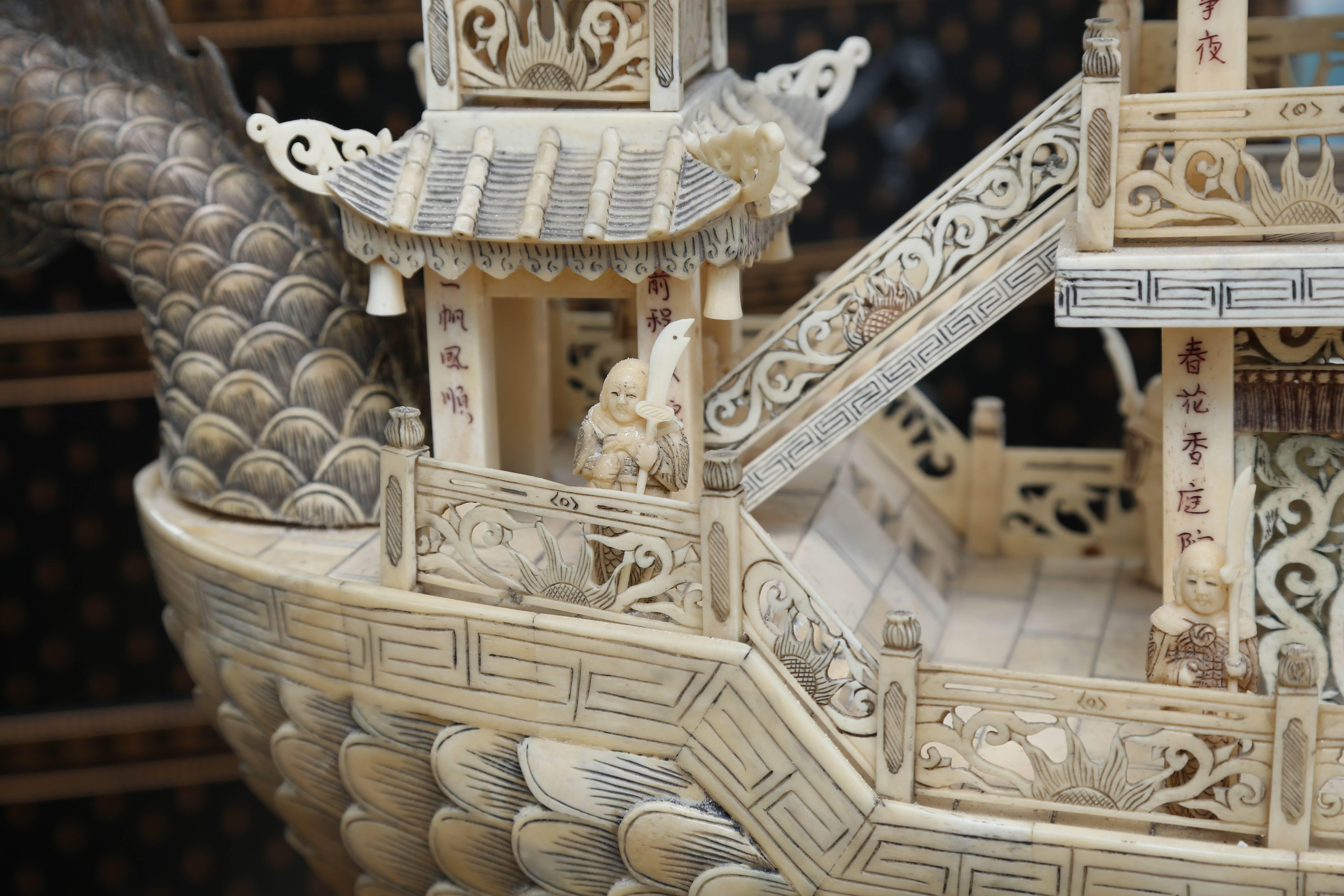 Chinese Large and Elaborate Imperial Boat Carved from Bone