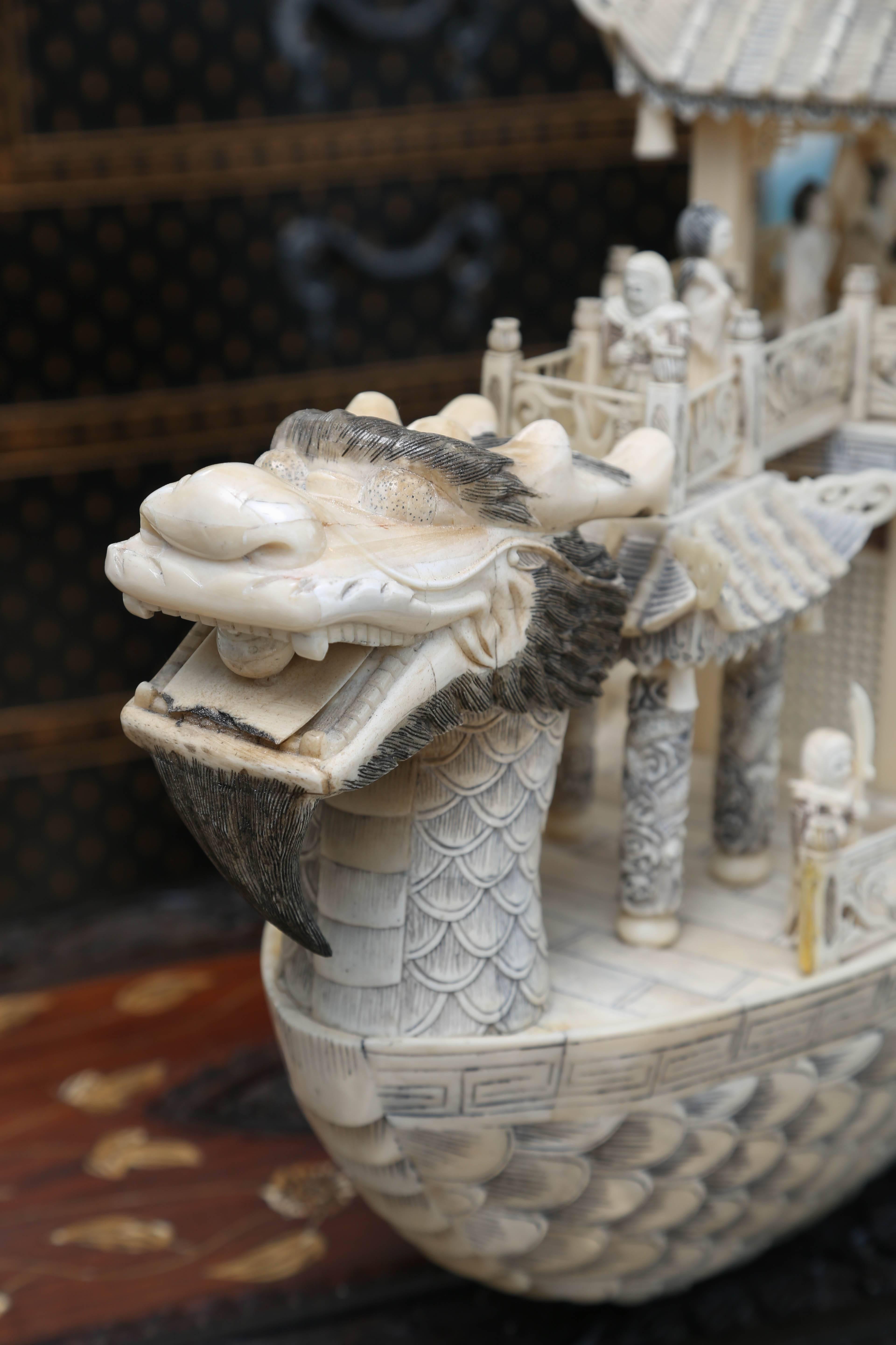 Hand-Carved Large and Elaborate Imperial Boat Carved from Bone