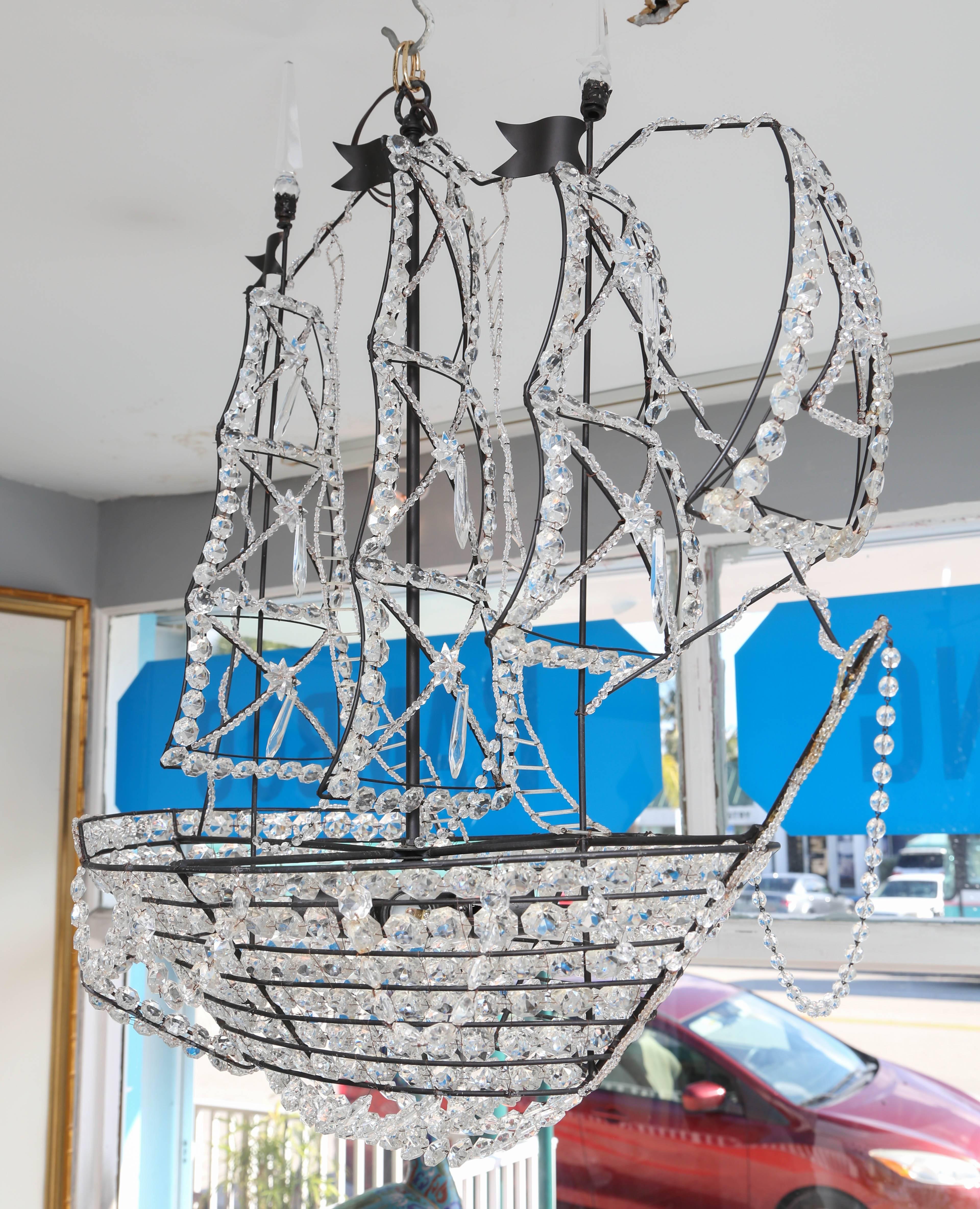 20th Century Whimsical Crystal and Metal Sailing Ship Chandelier