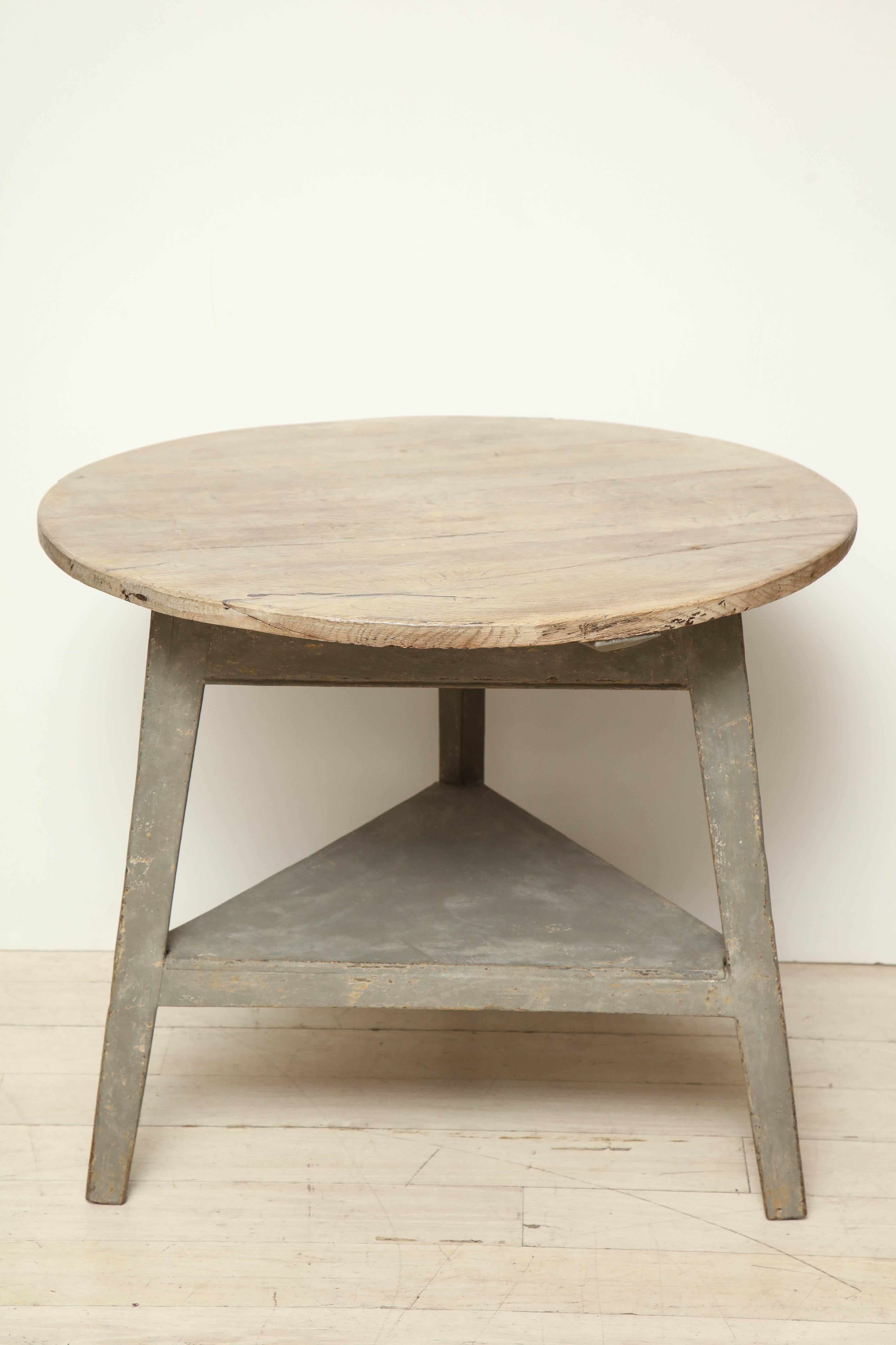 19th Century Circular Wood Side Table with Bleached Oak Top Painted Gray Base In Distressed Condition In New York, NY