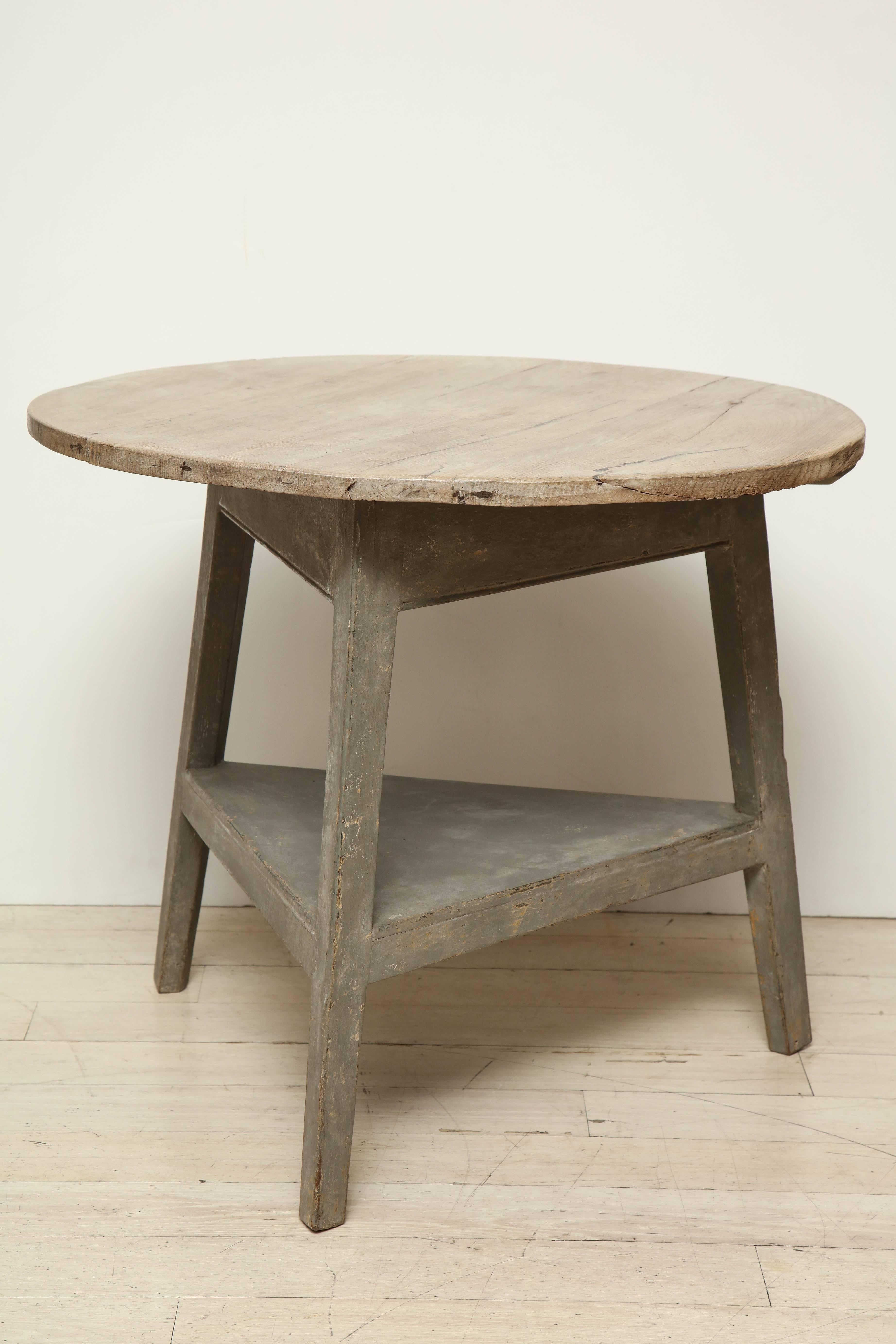 19th Century Circular Wood Side Table with Bleached Oak Top Painted Gray Base 3