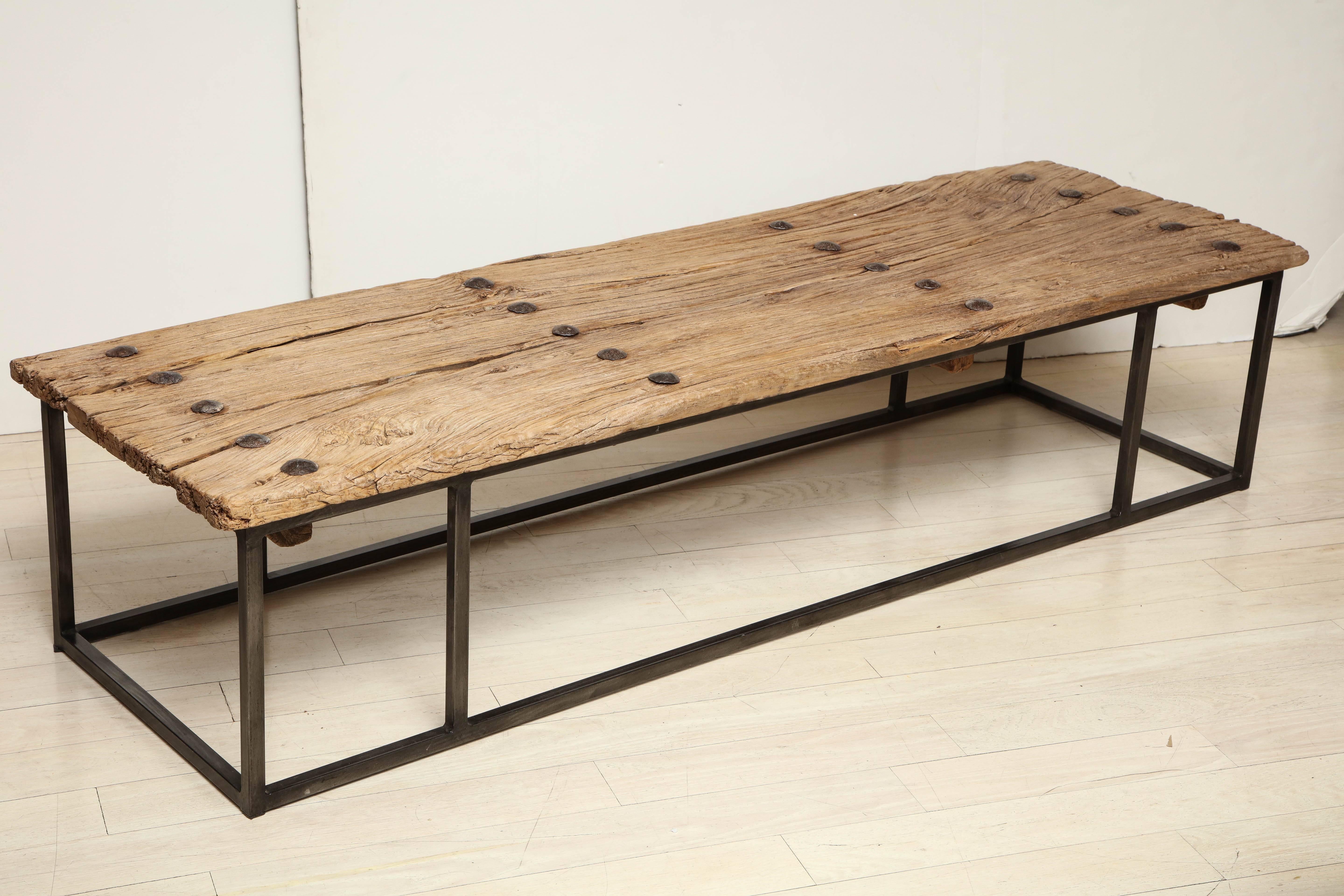 Rustic Narrow Bleached Antique Oak Wood Coffee Table on Iron Base