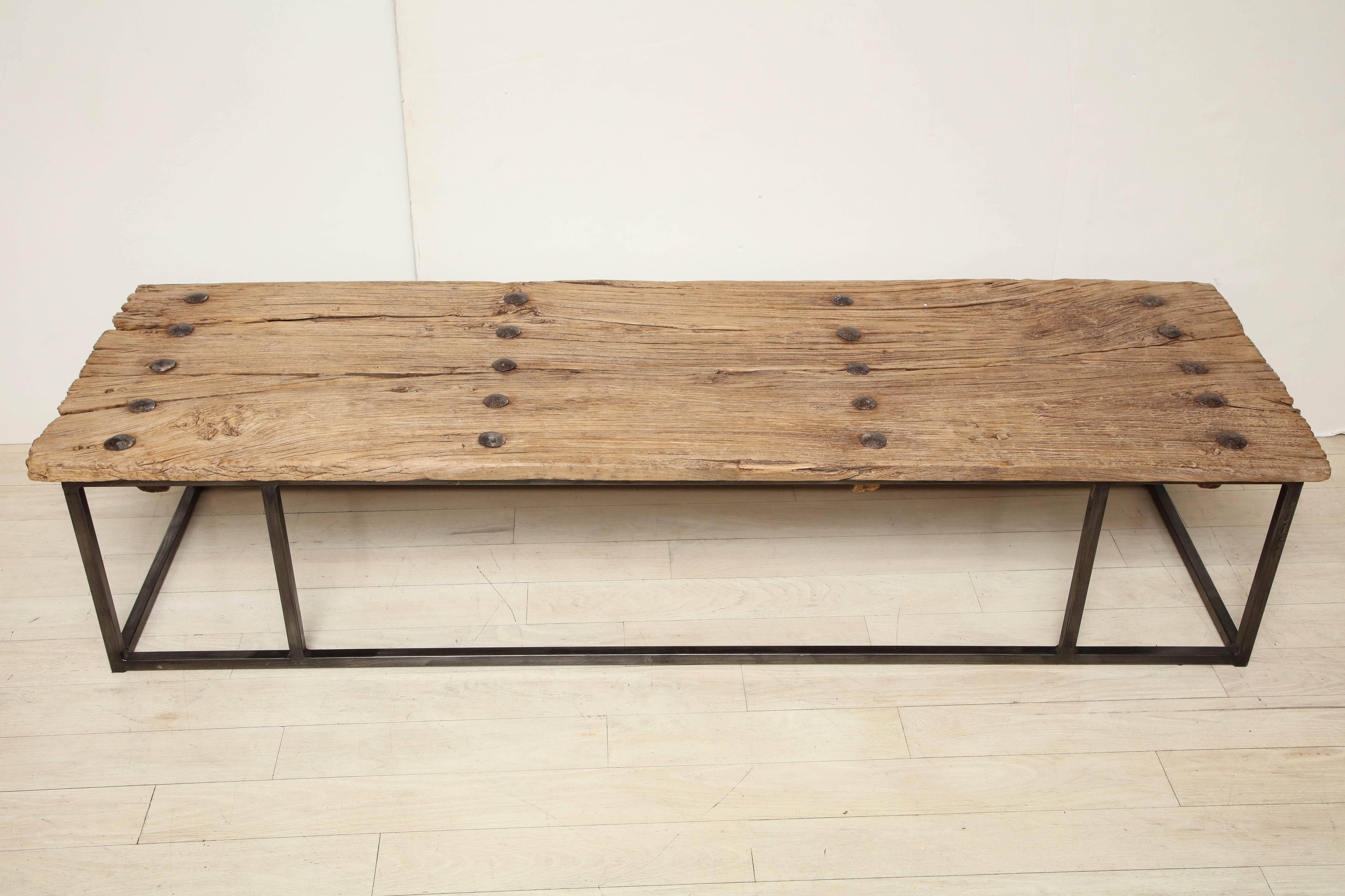 Narrow Bleached Antique Oak Wood Coffee Table on Iron Base In Distressed Condition In New York, NY