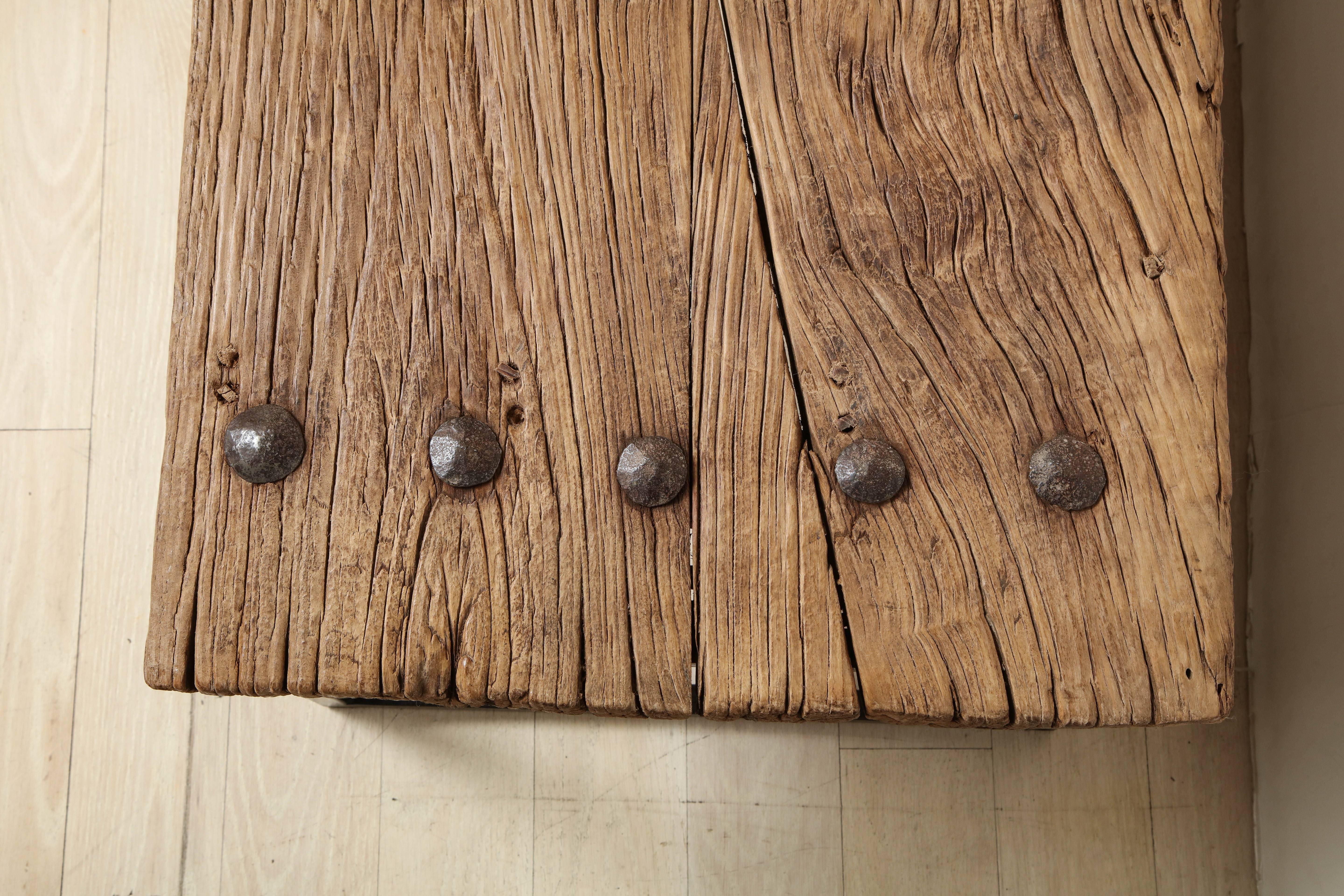 Contemporary Narrow Bleached Antique Oak Wood Coffee Table on Iron Base