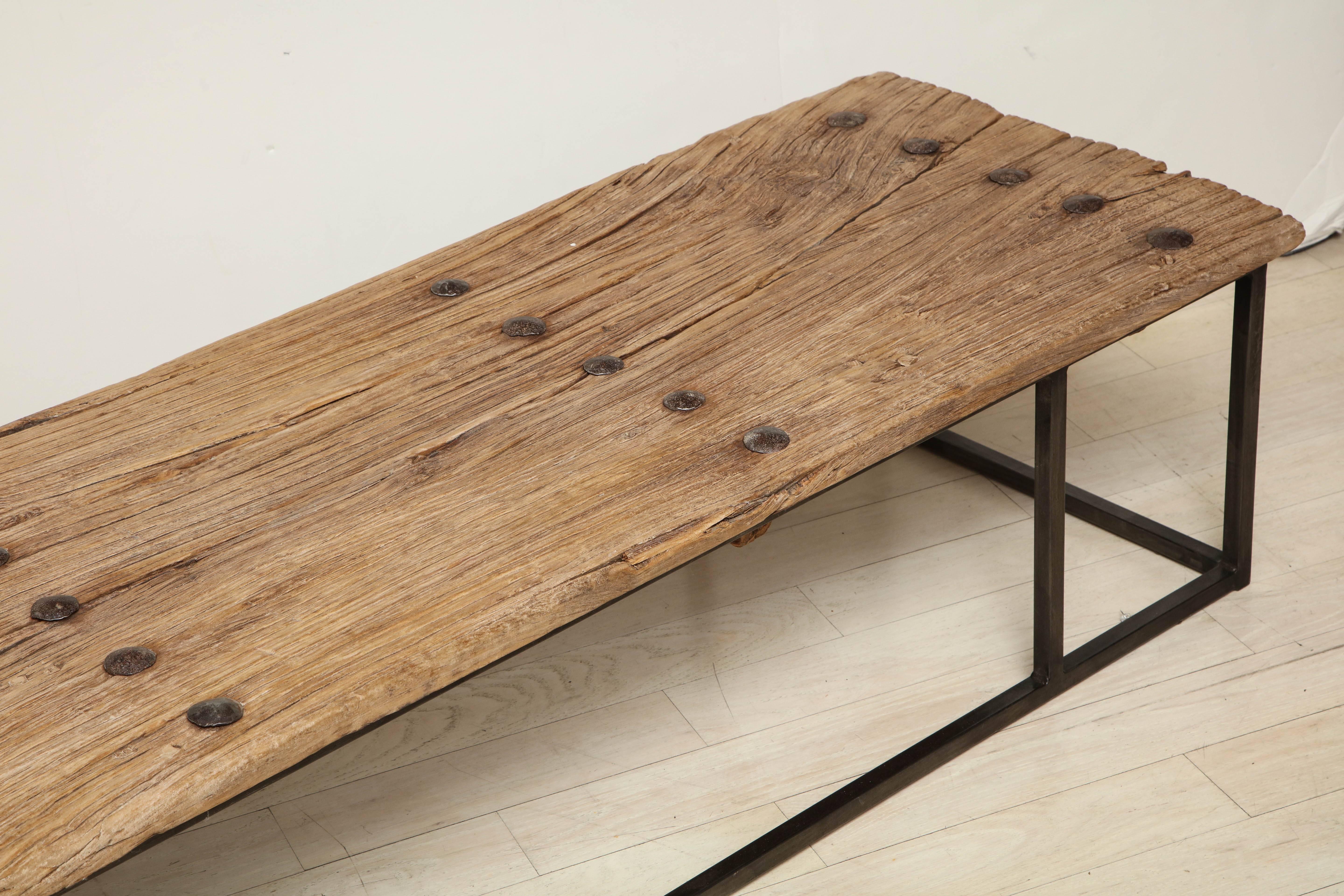 Narrow Bleached Antique Oak Wood Coffee Table on Iron Base 3