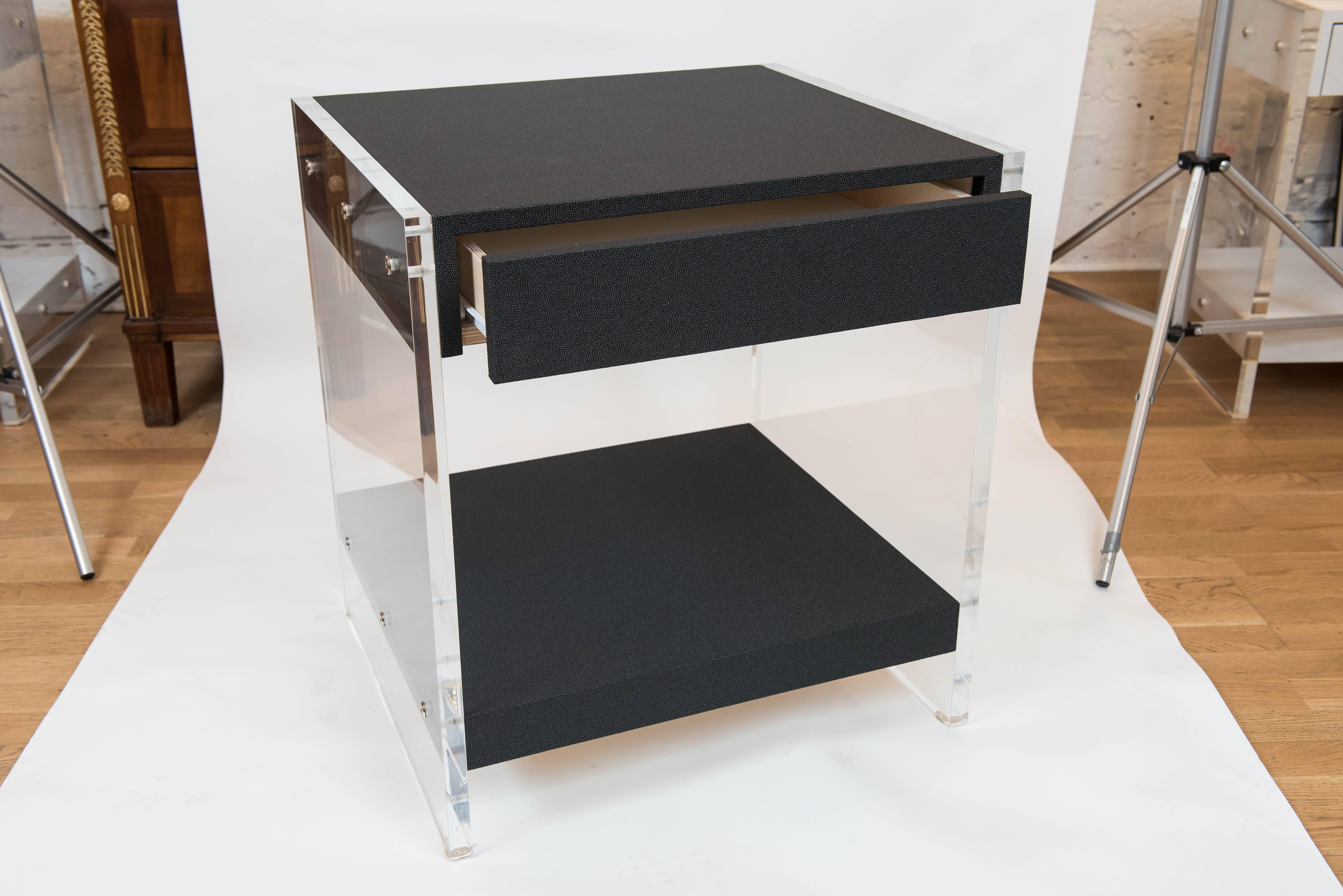 Contemporary Custom Acrylic and Faux Shagreen Wrapped End Tables