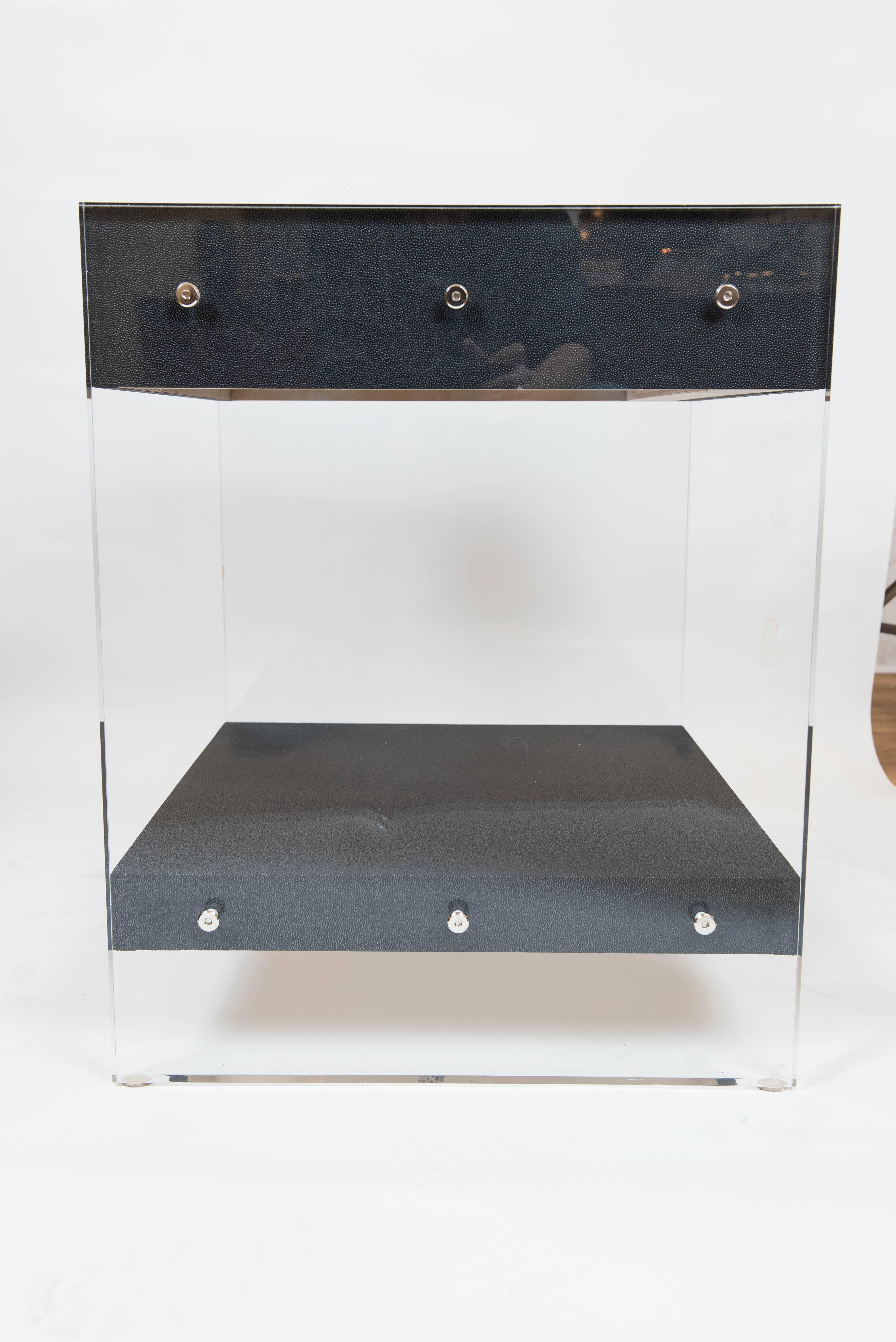 Wood Custom Acrylic and Faux Shagreen Wrapped End Tables