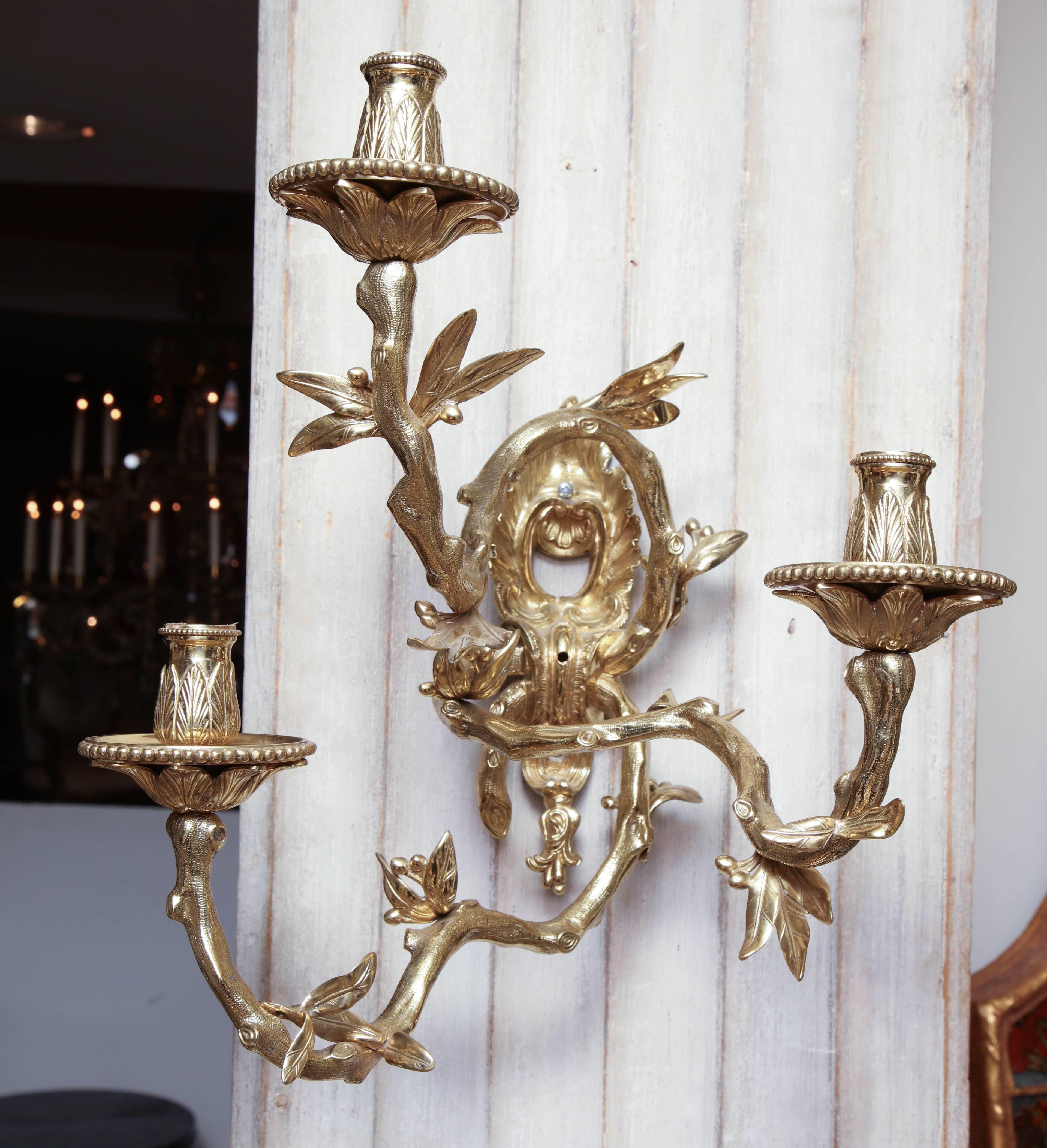 Pair of French Regence Bronze Wall Sconces In Excellent Condition For Sale In Westwood, NJ