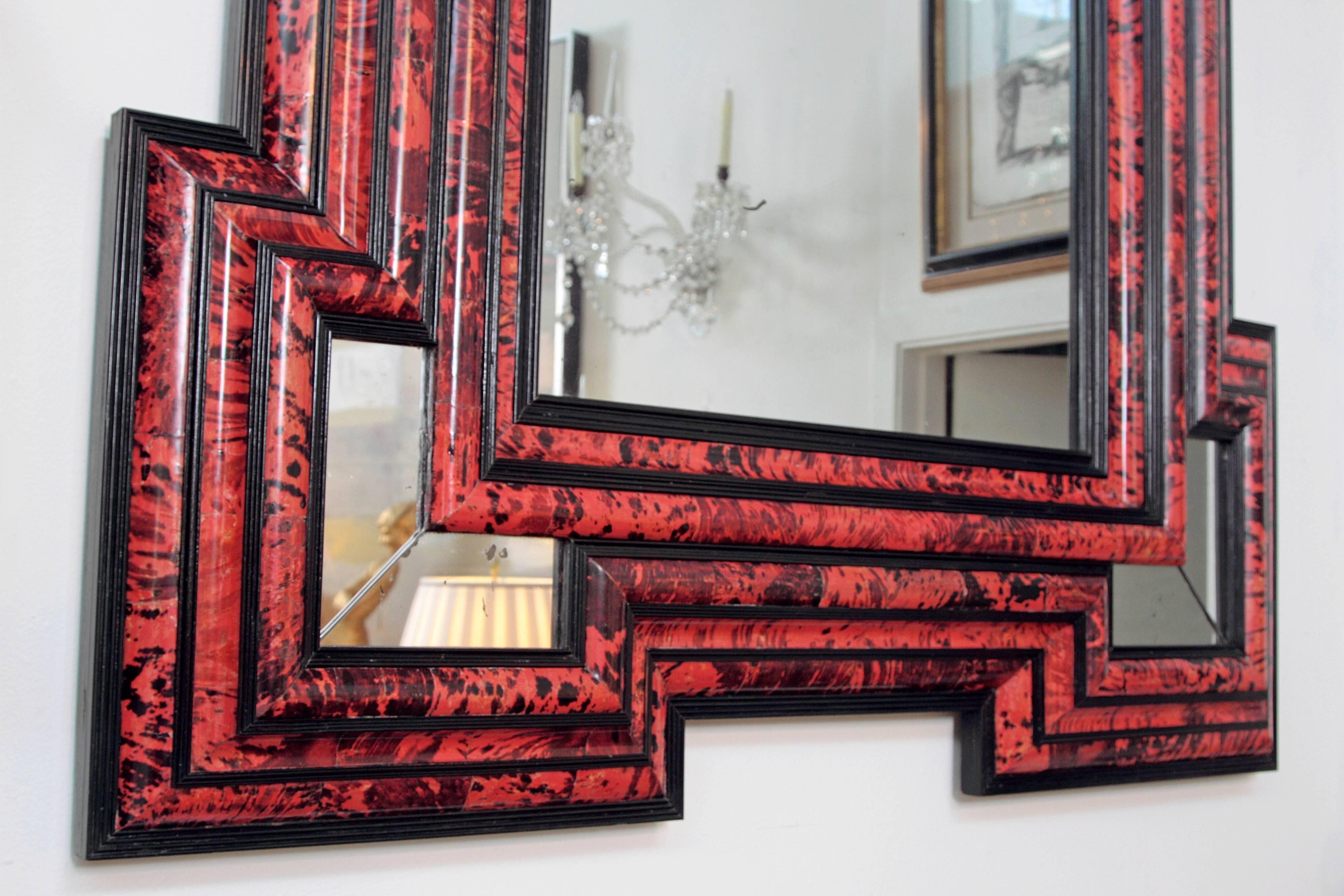Ebonized Large Scale Pair of Exceptional Dutch Baroque-Style Red Tortoise Mirrors