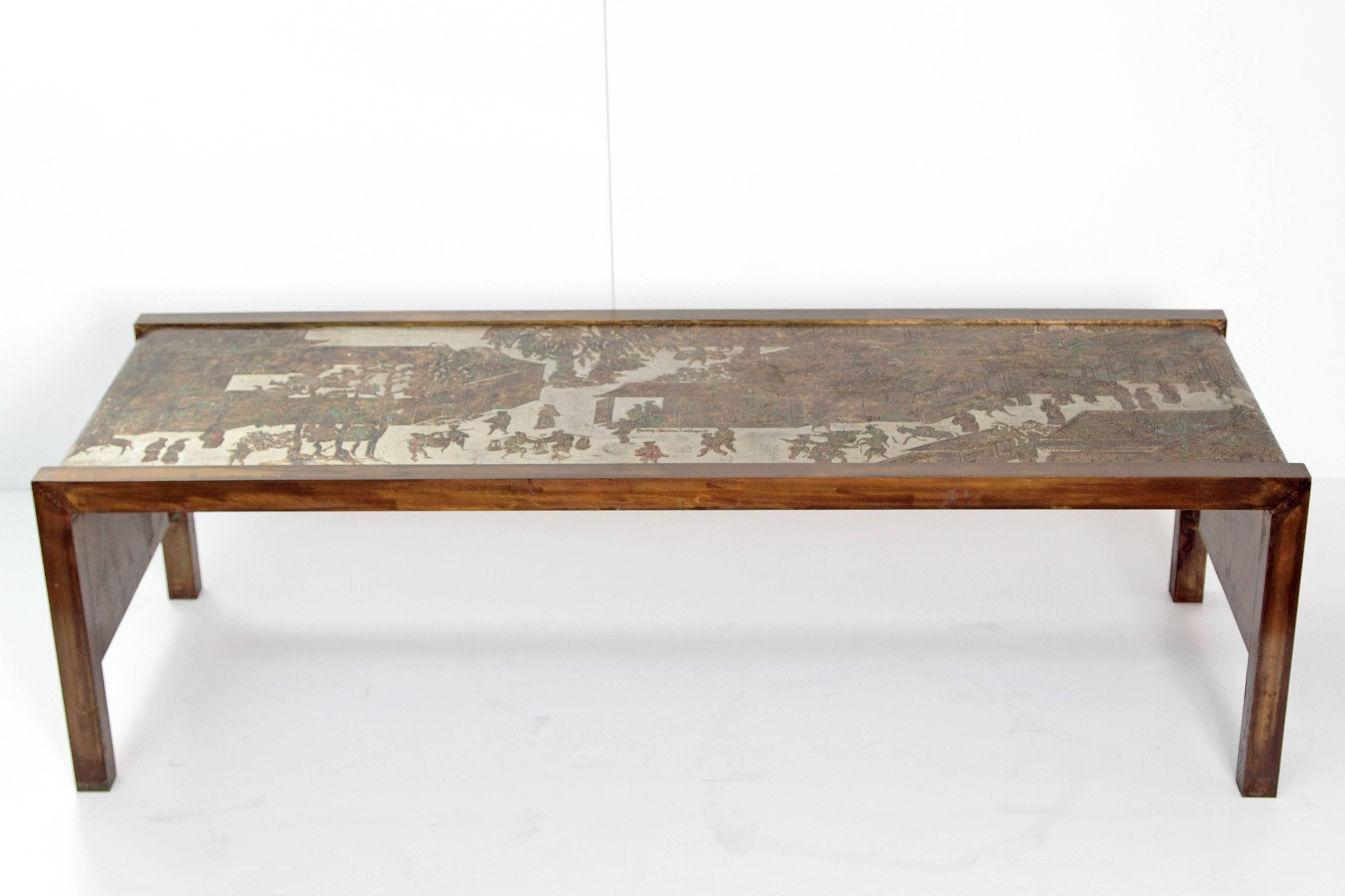 A rectangular form waterfall cocktail or coffee table, mixed metals, acid-etched and patinated bronze / brass, Chinese Village scene extends down the sides of the table on both ends, Chan Series, signed twice on the top, great color.