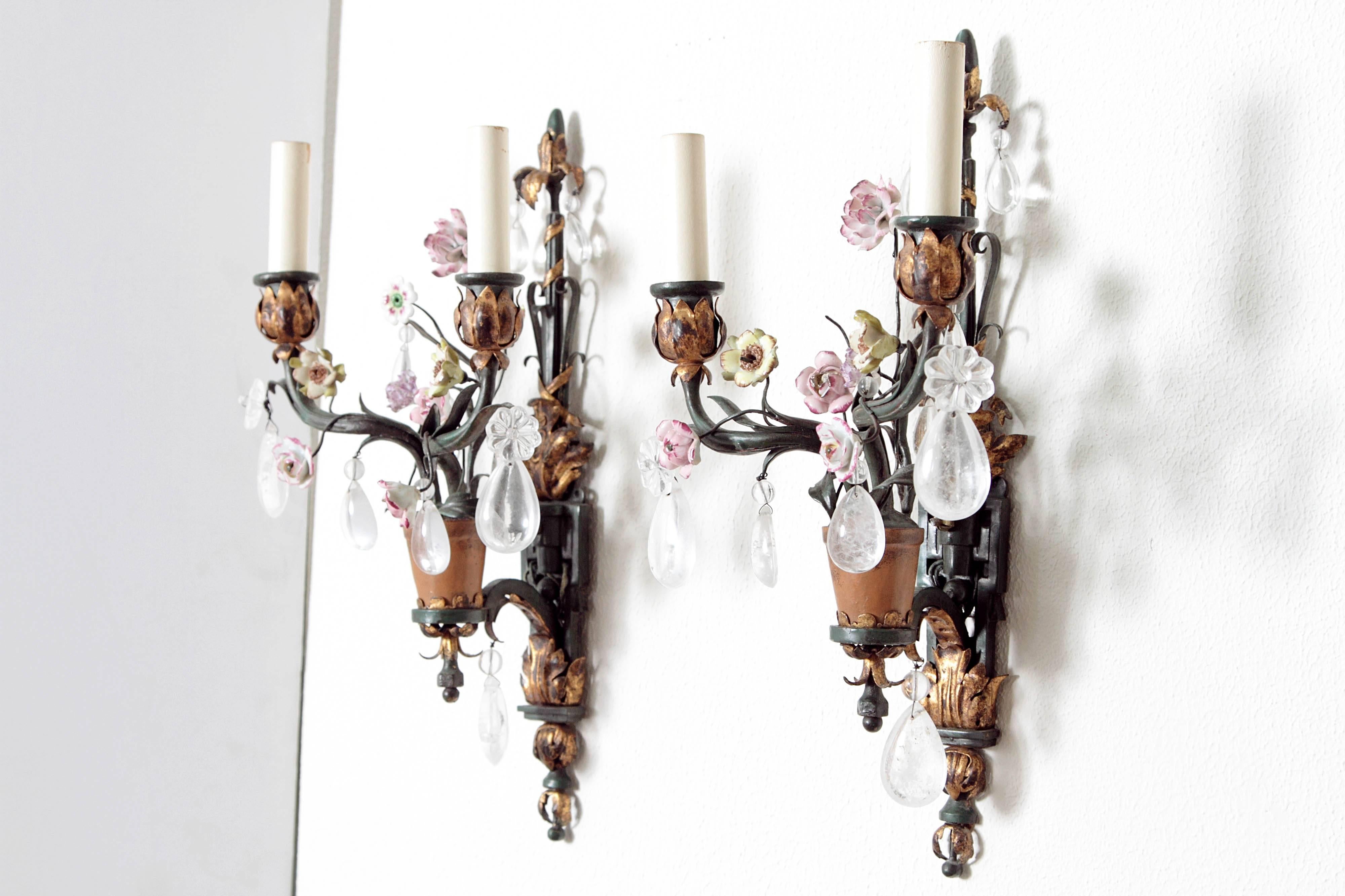 Neoclassical Whimsical Pair of Painted Wrought Iron, Porcelain and Rock Crystal Sconces