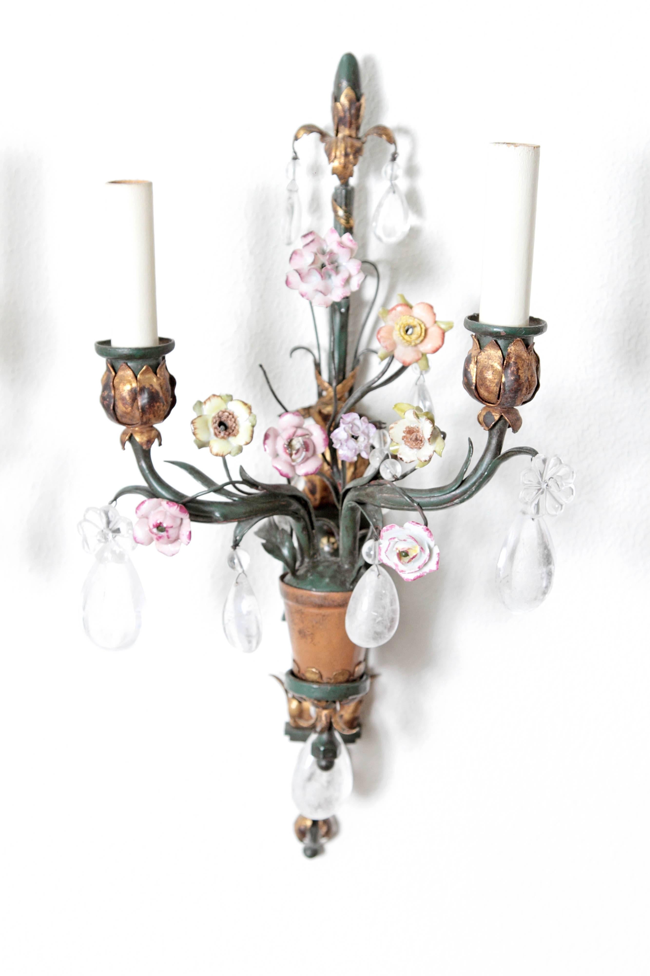 French Whimsical Pair of Painted Wrought Iron, Porcelain and Rock Crystal Sconces