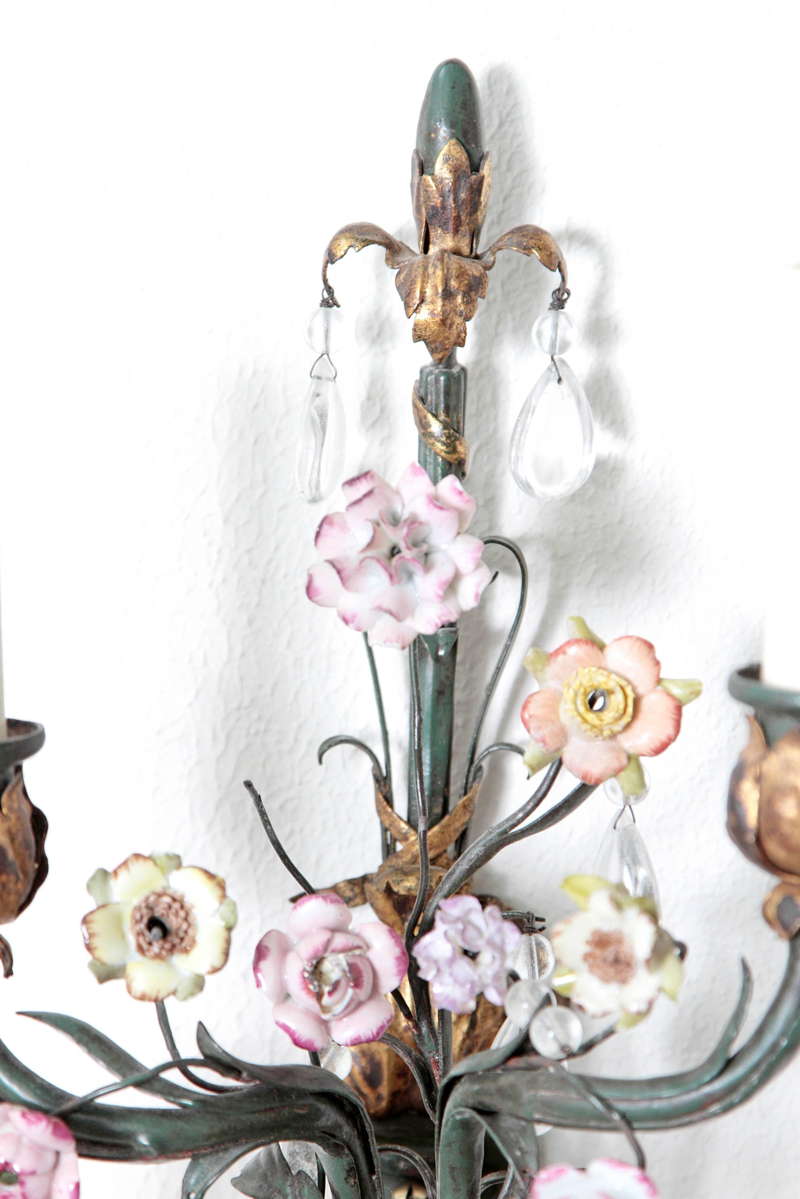Whimsical Pair of Painted Wrought Iron, Porcelain and Rock Crystal Sconces In Good Condition In Dallas, TX