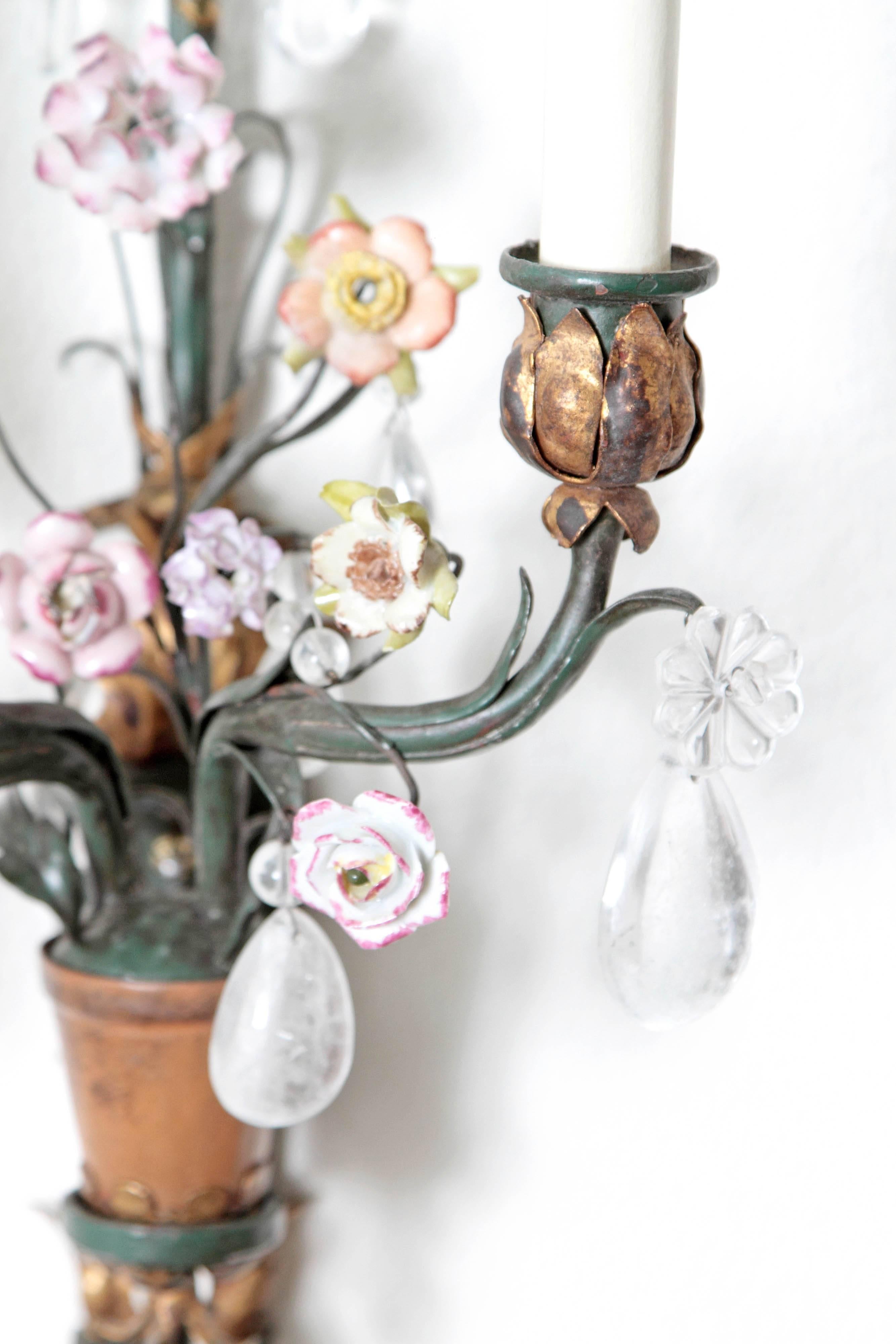 Early 20th Century Whimsical Pair of Painted Wrought Iron, Porcelain and Rock Crystal Sconces