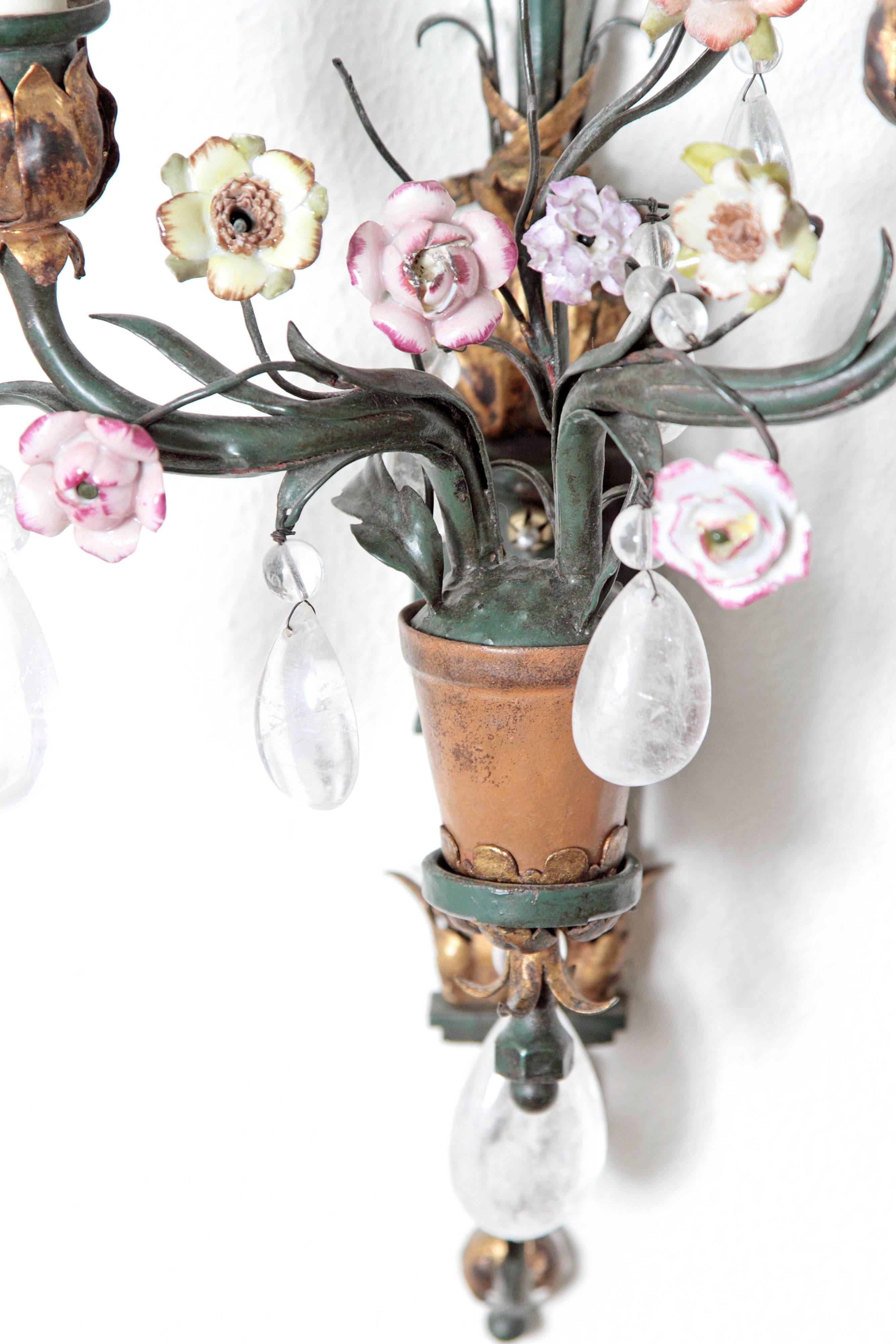 Whimsical Pair of Painted Wrought Iron, Porcelain and Rock Crystal Sconces 1