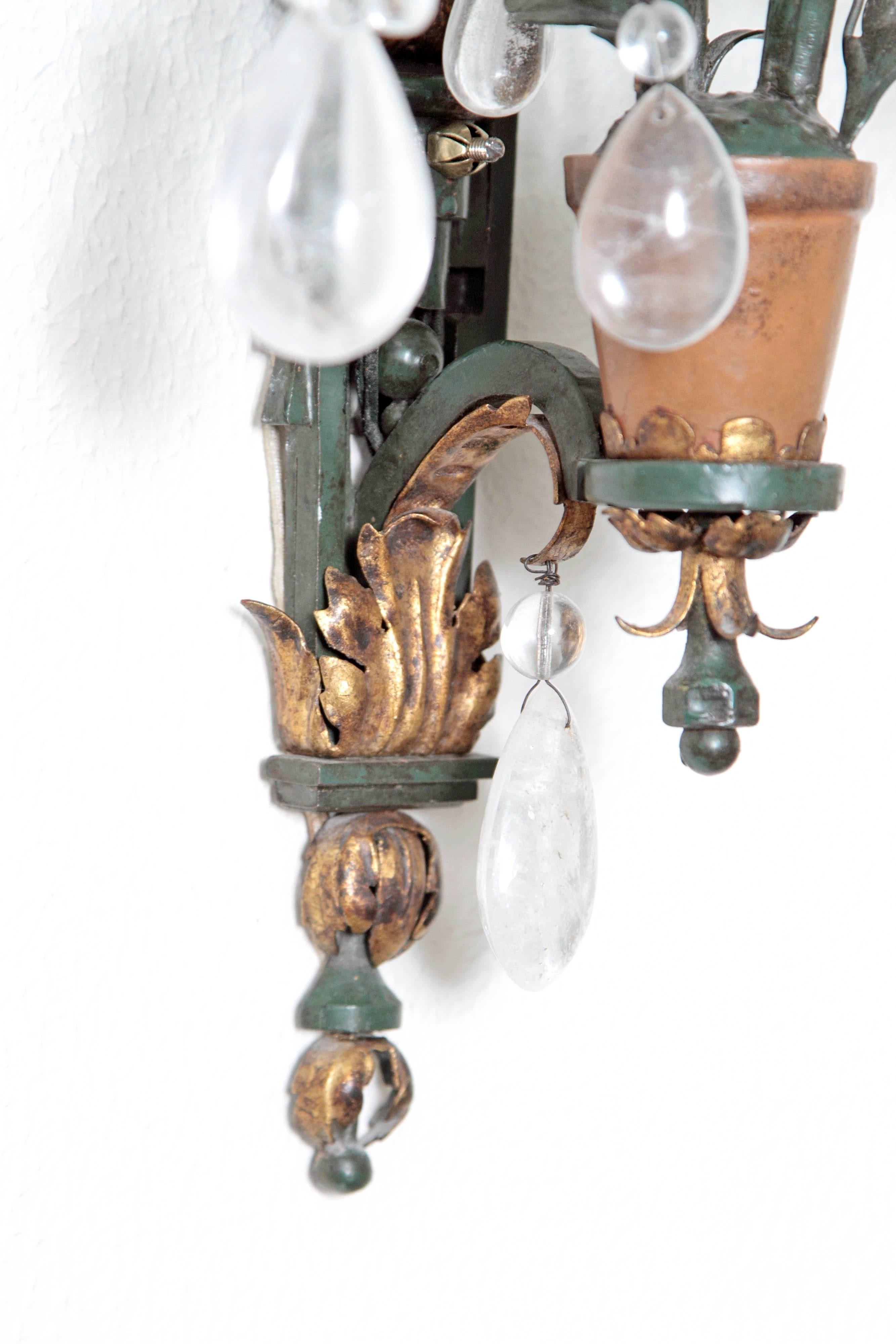 Whimsical Pair of Painted Wrought Iron, Porcelain and Rock Crystal Sconces 2