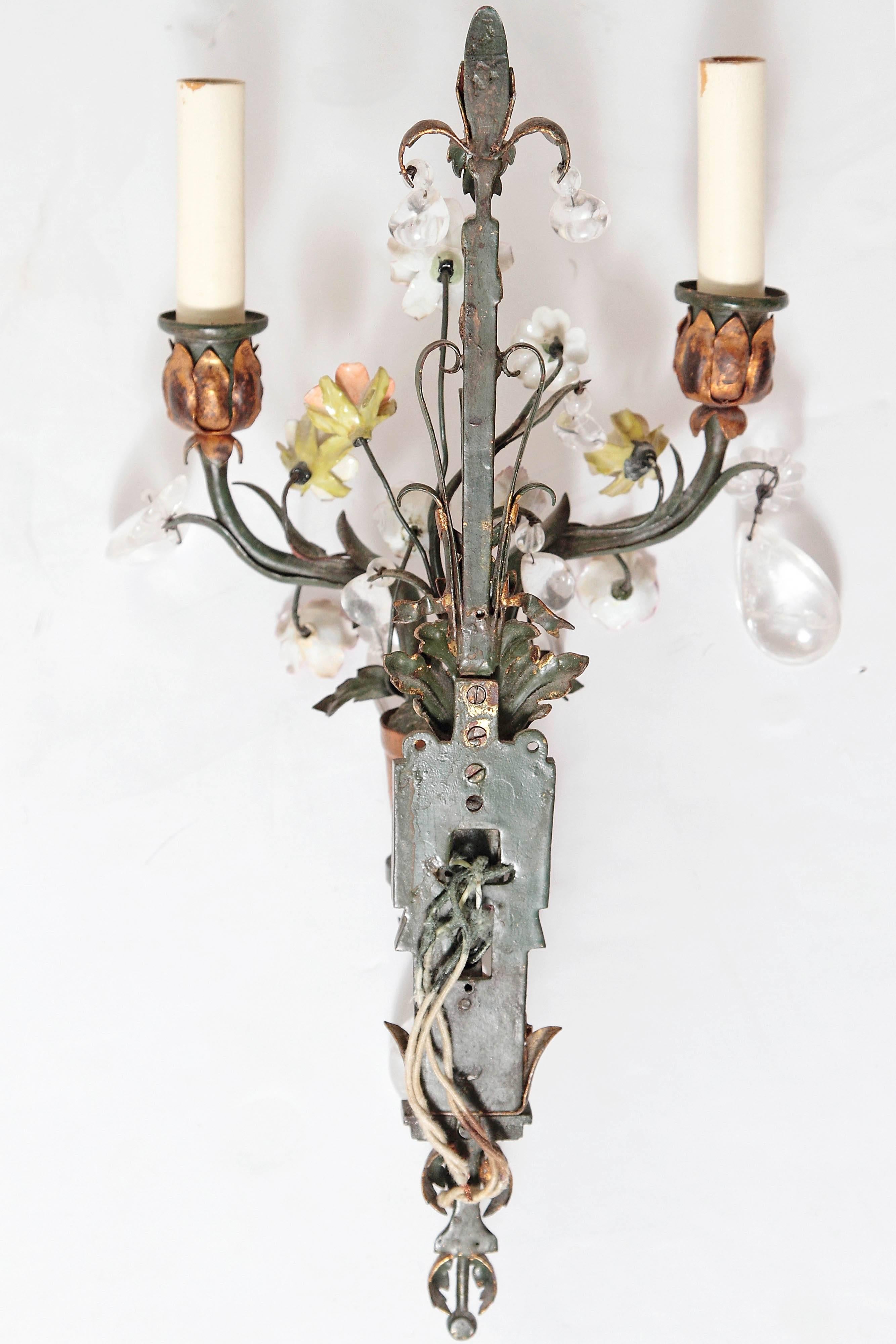 Whimsical Pair of Painted Wrought Iron, Porcelain and Rock Crystal Sconces 3
