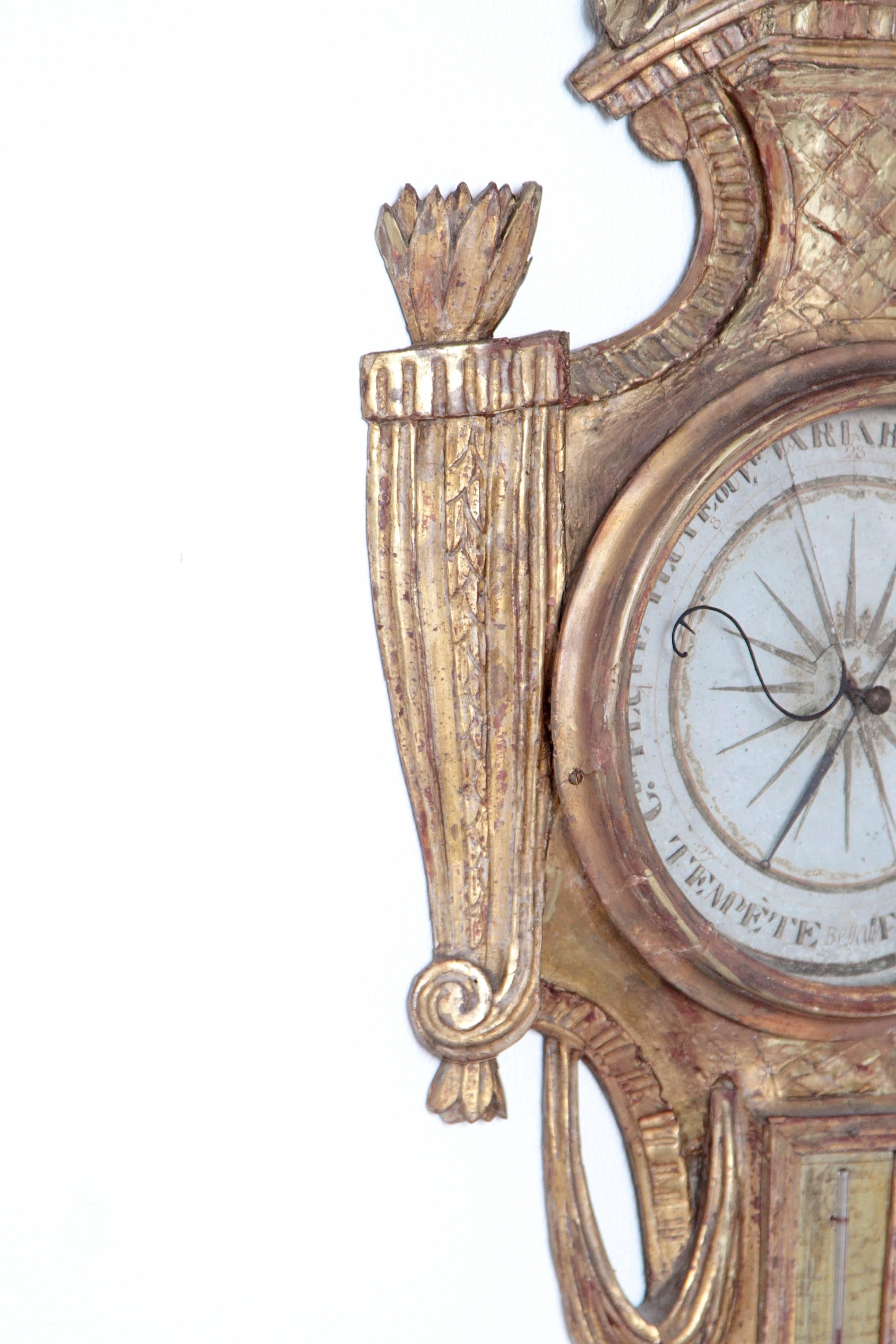 Late 18th Century French Louis XVI Giltwood Barometer and Thermometer In Good Condition In Dallas, TX