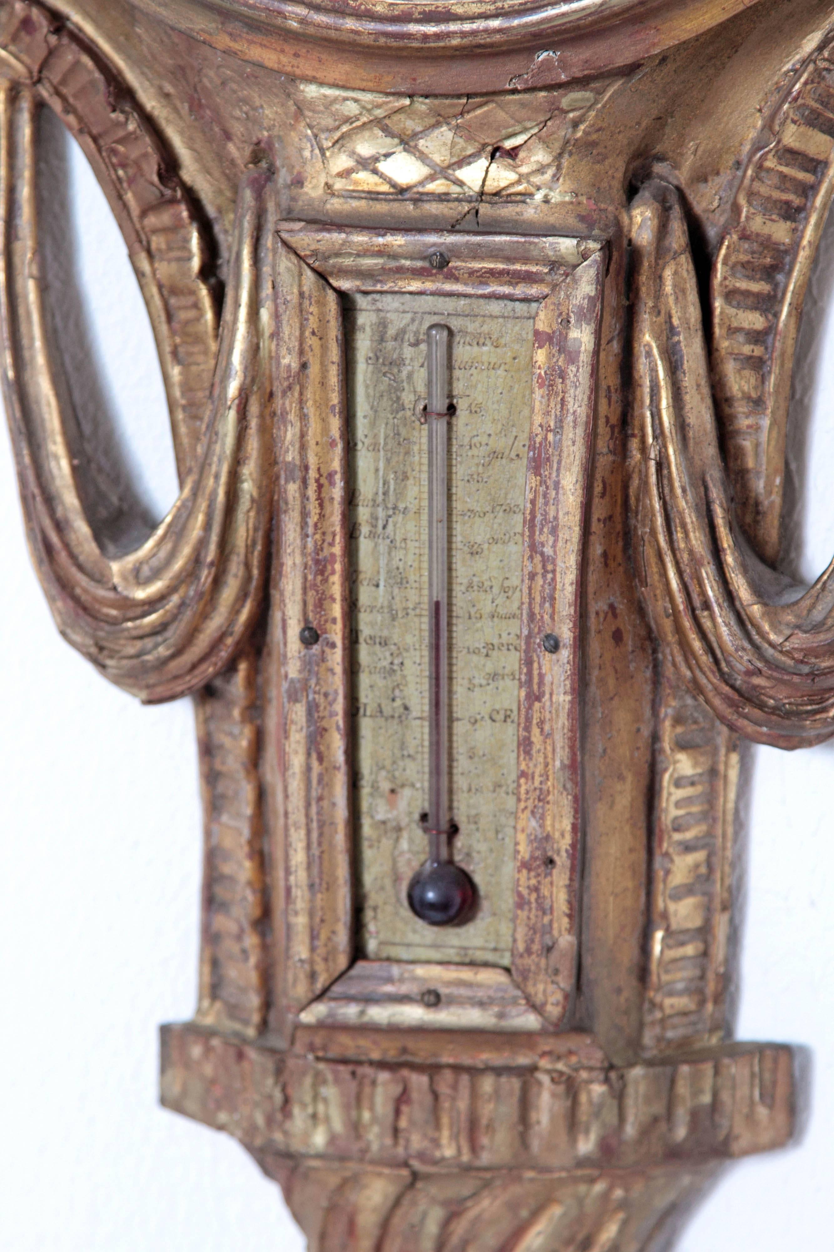 Late 18th Century French Louis XVI Giltwood Barometer and Thermometer 1