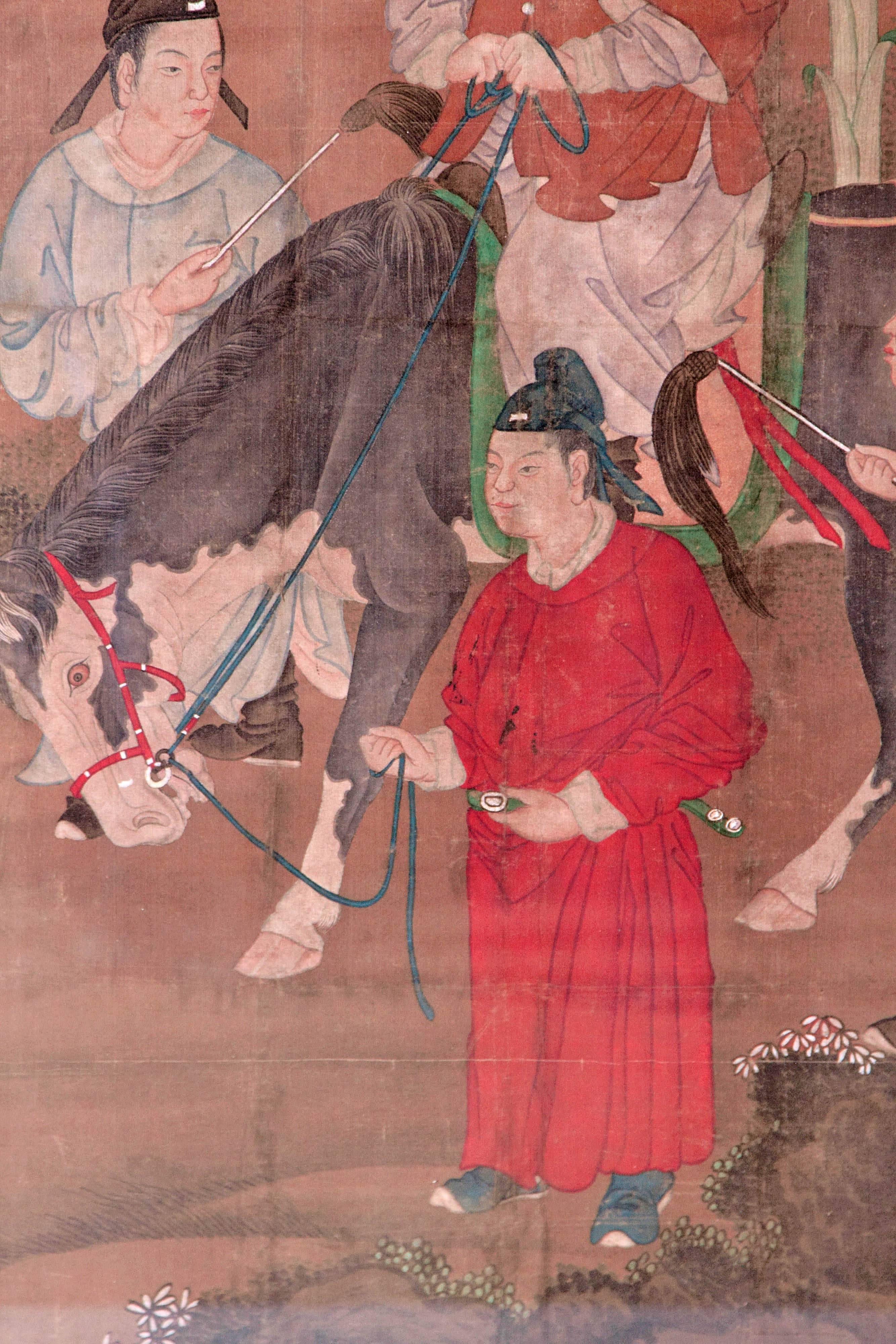 Painted Chinese Scroll Painting of Dignitary on Horseback