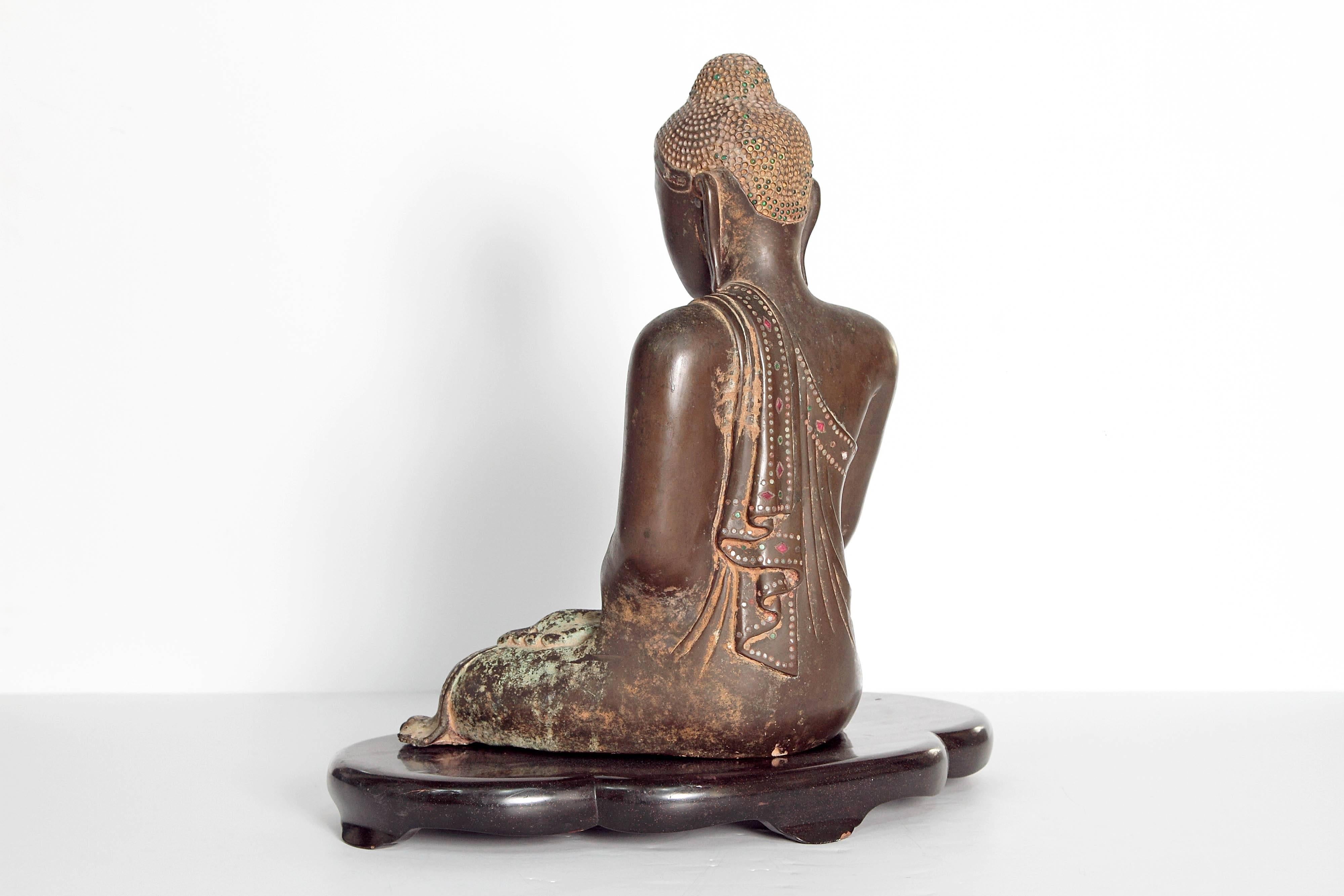 Inlay 19th Century Mandalay Style Buddha of Bronze with Verdigris