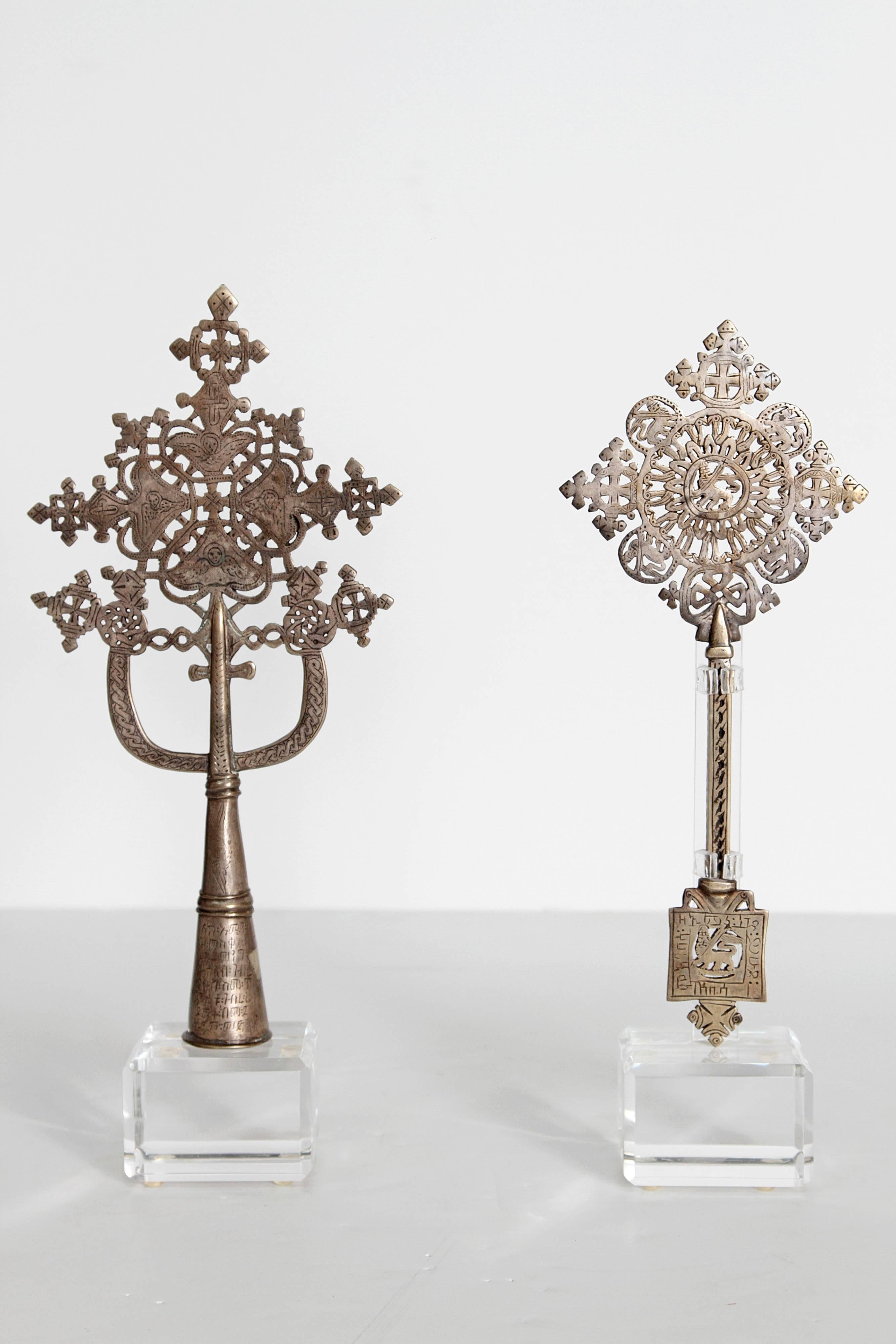 Ethiopian Silver Coptic Processional Crosses from Ethiopia with Custom Lucite Stands