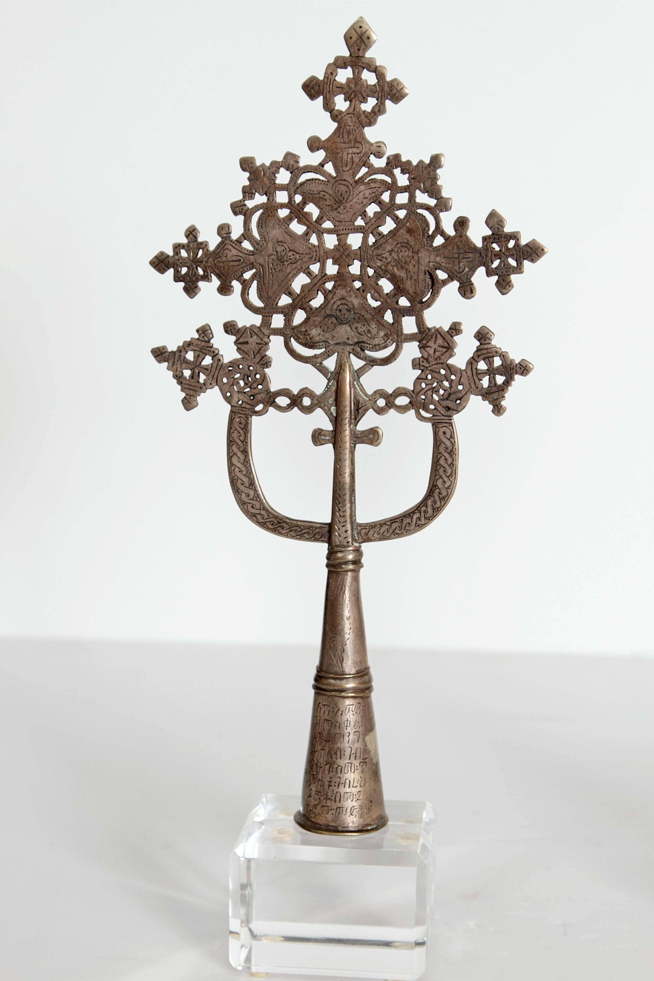 20th Century Silver Coptic Processional Crosses from Ethiopia with Custom Lucite Stands