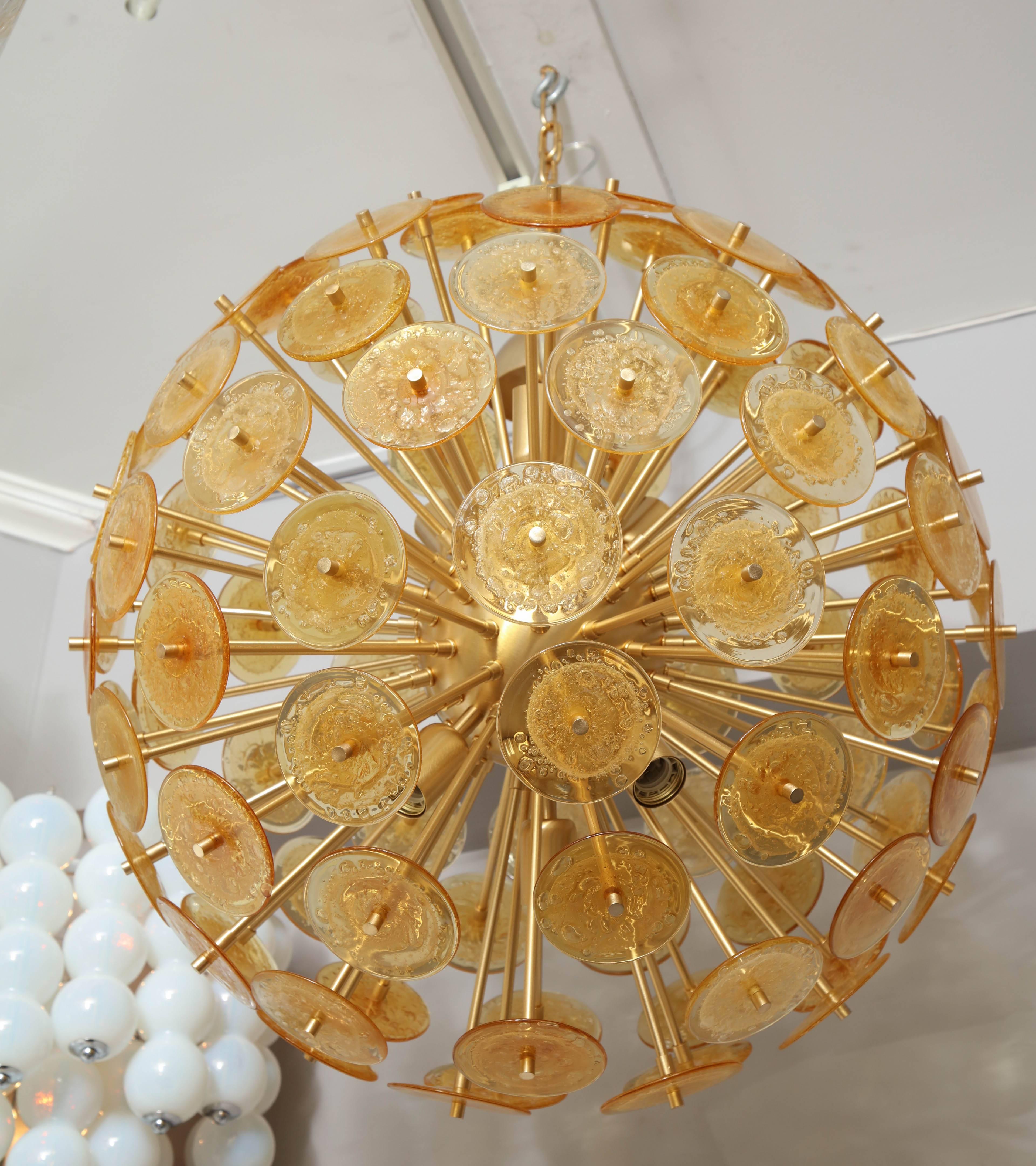 Golden Murano mini glass disc Sputnik chandelier. 2 available for immediate purchase.