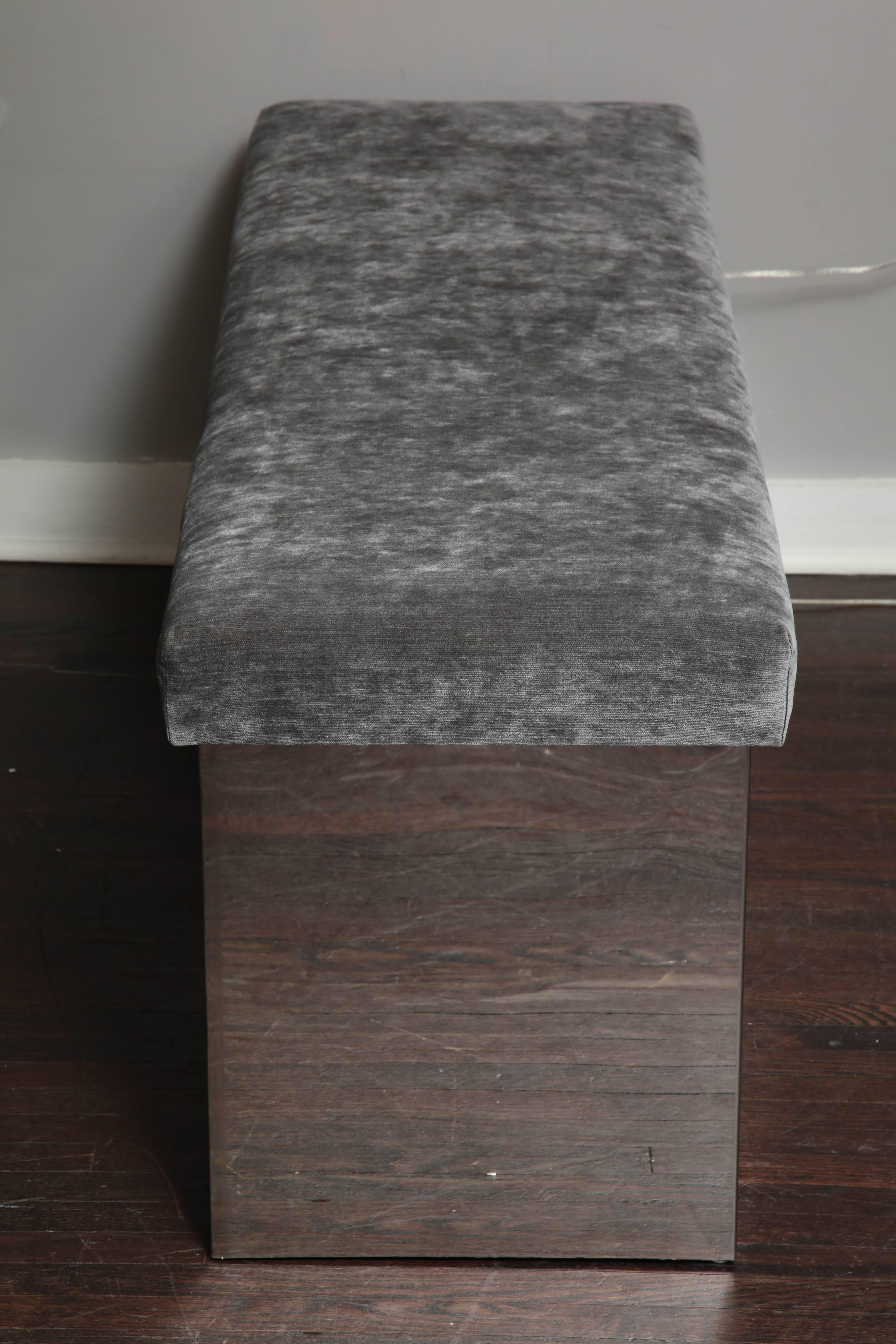 Wrapped Stainless Bench Upholstered in Grey Velvet In Good Condition For Sale In New York, NY