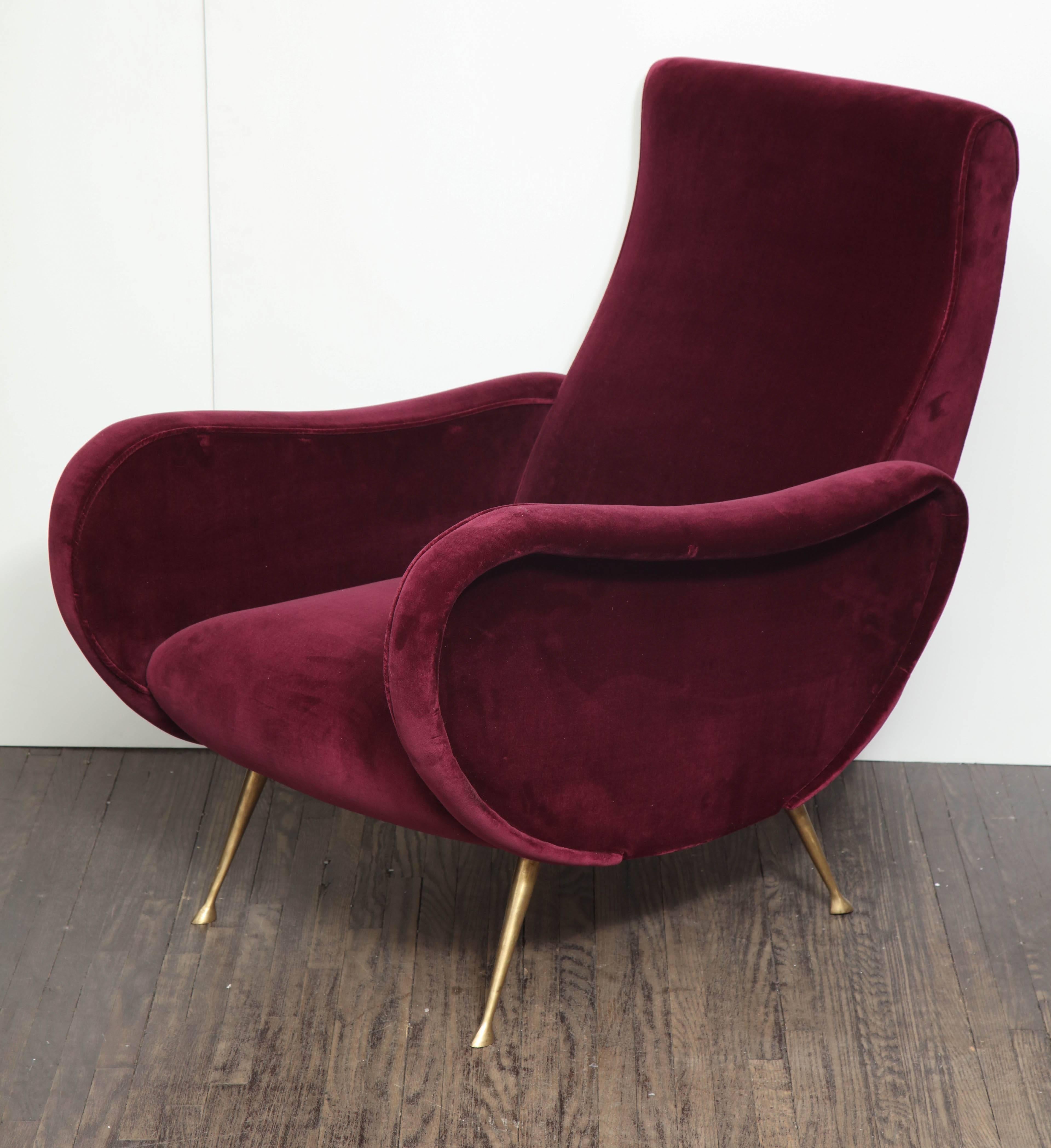 Pair of vintage Italian club chairs re-upholstered in burgundy velvet.