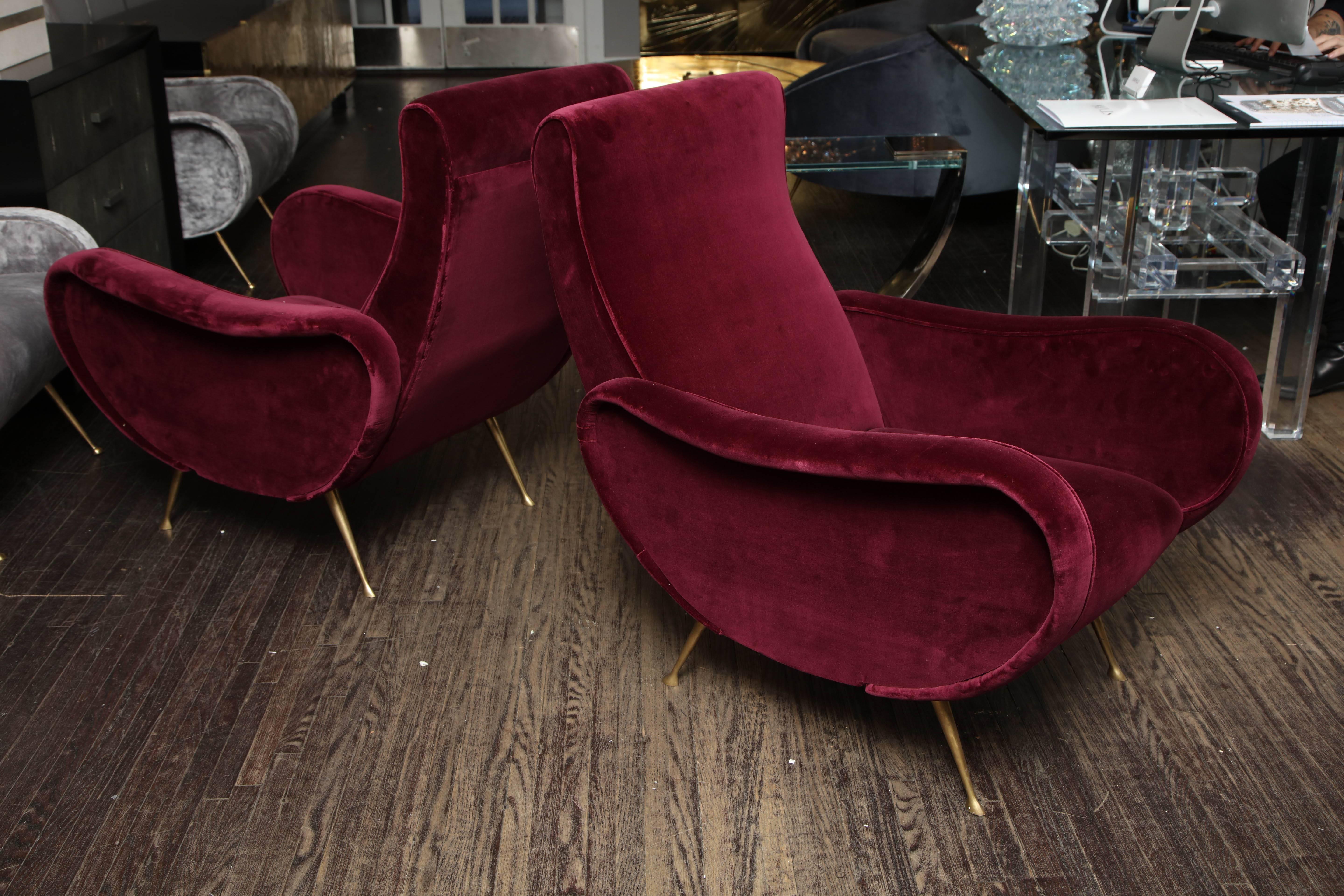 Mid-Century Modern Pair of Vintage Italian Club Chairs Re-Upholstered in Burgundy Velvet